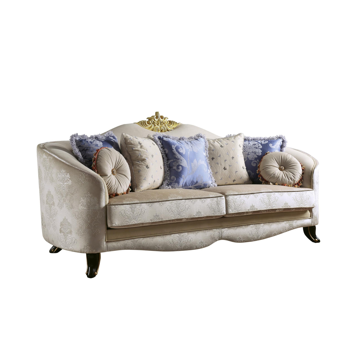Acme Sheridan Fabric Upholstered Sofa with 7 Pillows in Cream Fabric