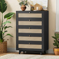 AOGLLATI Black Rattan Dresser for Bedroom with 5 Drawer, Modern Double Wooden Tall Bedroom Dresser, Chest of Drawers with Metal 
