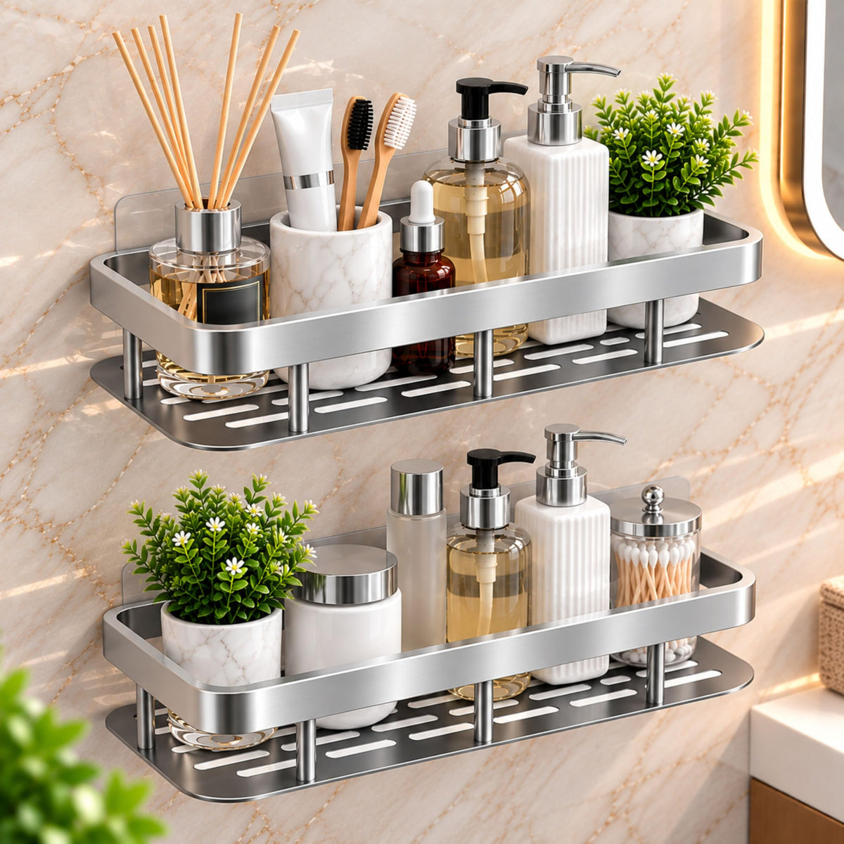 Jialto 2 Pcs Aluminum Wall Mounted Bathroom Organiser, Floating Shelf For Bathroom Cabinet, Multifunctional Large Capacity Rack,
