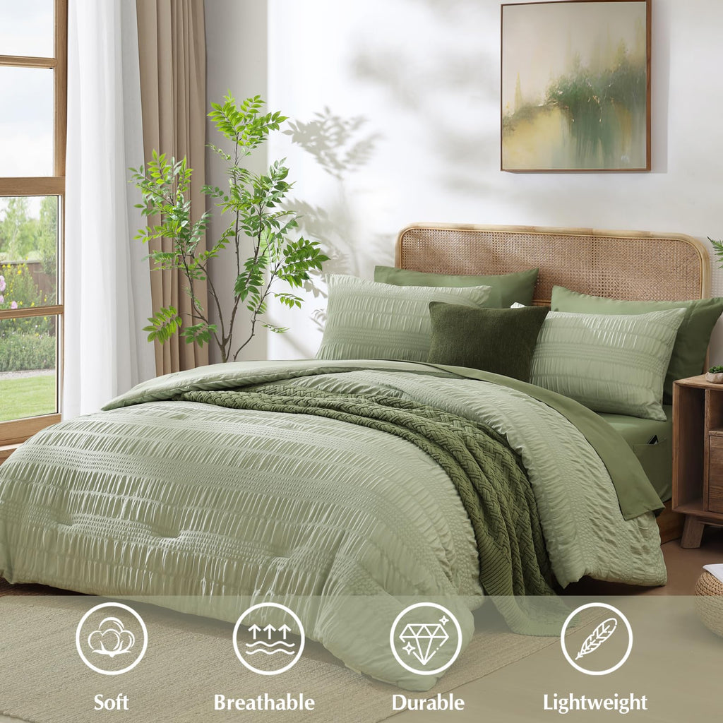 Casaagusto Queen Comforter Set, 7 Pieces Sage Green Seersucker Bed In A Bag Queen Size Soft All Seasons, Bedding Sets With Comfo