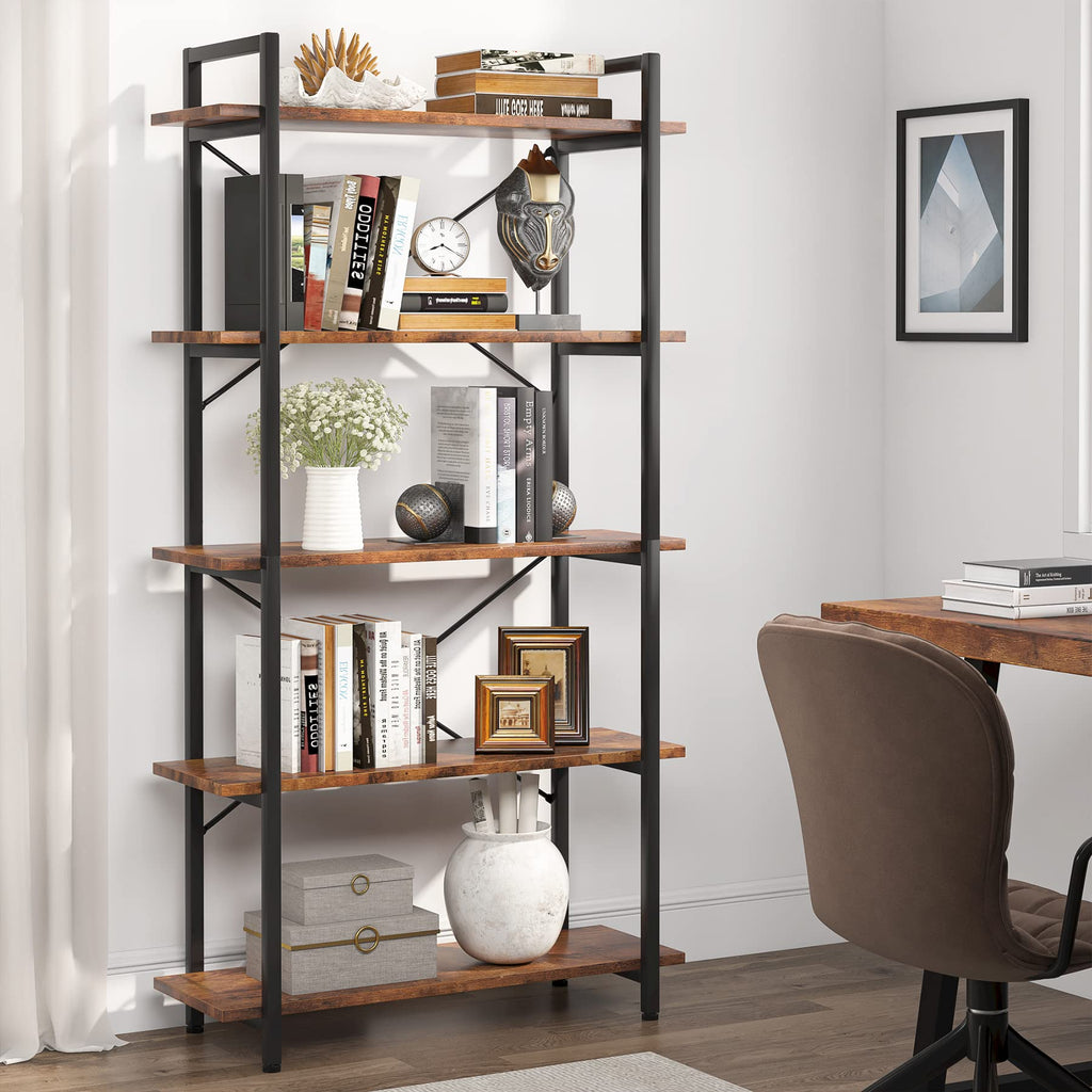 Tribesigns 5 Tier Bookshelf, Industrial Etagere Bookcase With Metal Frame, Rustic Tall Book Shelf Unit For Living Room, Study, Home Office (1, Rustic)