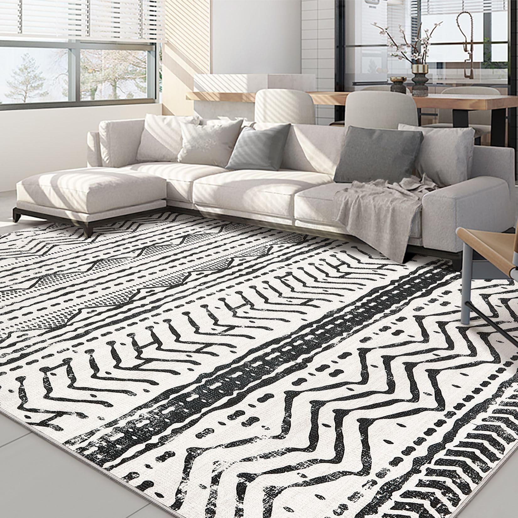 Nakagishi Black Rug Living Room Rugs: 10x14 Machine Washable Boho Large Neutral Modern Soft Moroccan Stain Resistant Indoor Floo