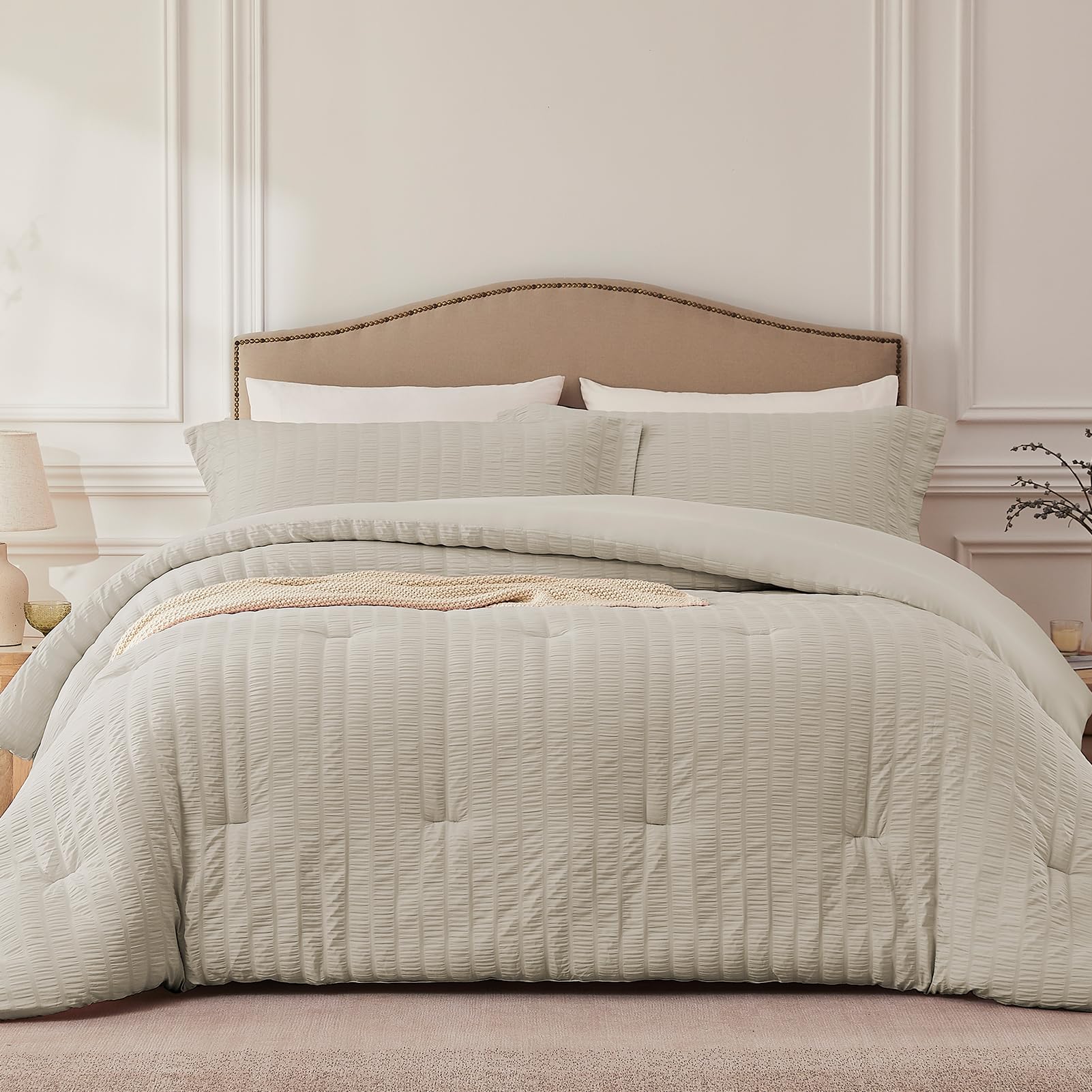 Quataly Oatmeal Full Comforter Set - 3 Pieces Seersucker Lightweight Bedding Comforter Sets (1 Soft Fluffy Comforter & 2 Pillowc