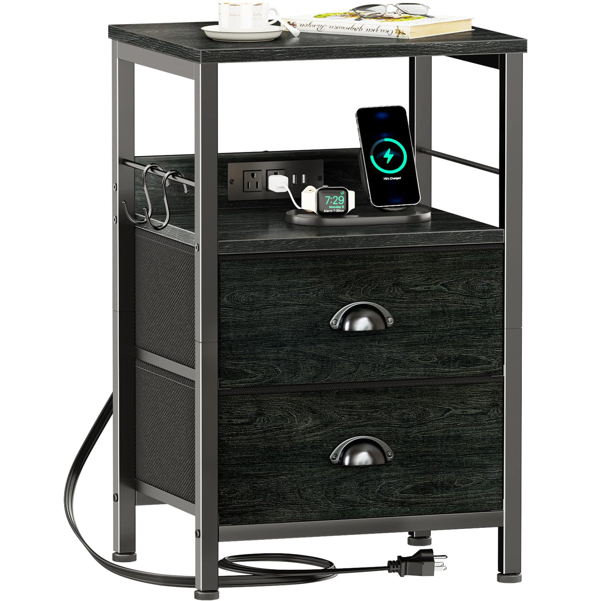 Furologee Nightstand with Charging Station, Black Night Stand with 2 Fabric Drawers, Side Table with USB Ports, End Table with S