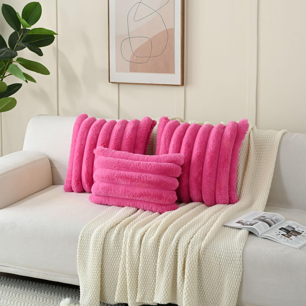 Futei Hot Pink Decorative Throw Pillow Covers 12X20 Inch Set Of 2, Square Soft Faux Rabbit Fur Big Striped Cushion Cover,Home De