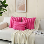 Futei Hot Pink Decorative Throw Pillow Covers 12X20 Inch Set Of 2, Square Soft Faux Rabbit Fur Big Striped Cushion Cover,Home De