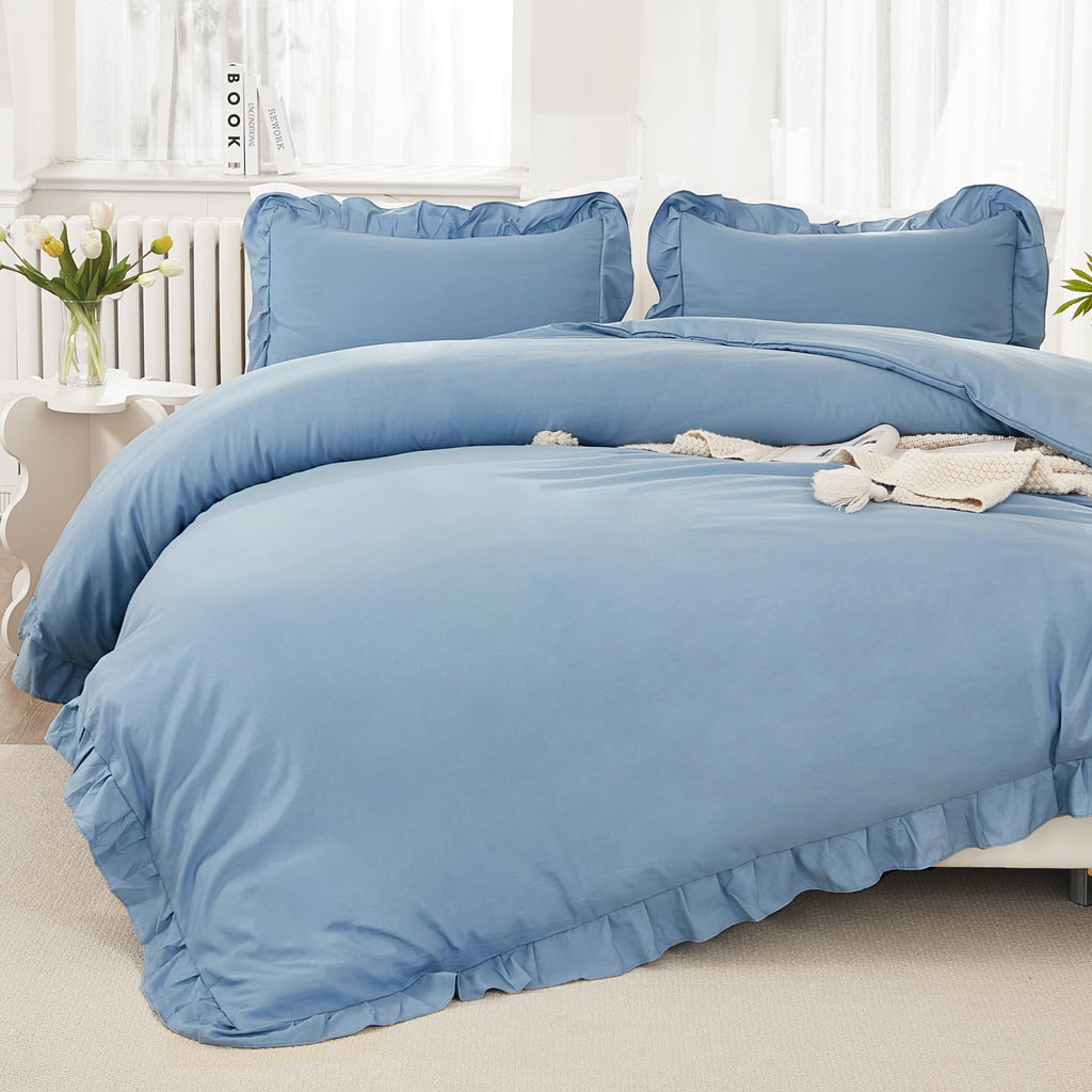 Litanika Grayish Blue Full Size Comforter Sets, 3 Pieces Ruffle Farmhouse Aesthetic Bedding Comforter Sets, All Season Soft Ligh