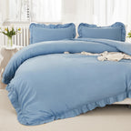 Litanika Grayish Blue Full Size Comforter Sets, 3 Pieces Ruffle Farmhouse Aesthetic Bedding Comforter Sets, All Season Soft Ligh