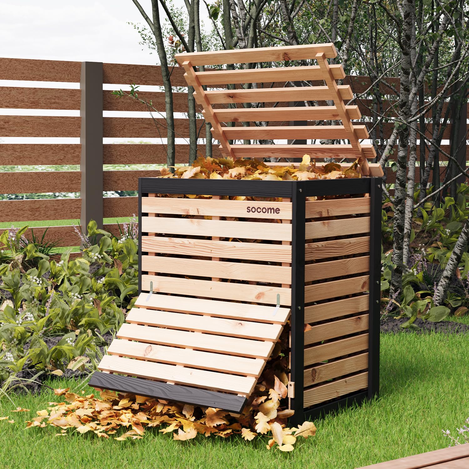 SOCOME 95 Gallon Solid Wood Composter, Outdoor Compost Bin with Pull-Out Door, Large Composting Bin for Backyard, Garden, Patio,