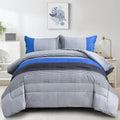 Wongs Bedding Blue Comforter Set Queen, Reversible Blue Grey Striped Patchwork Alternative Comforter For Queen Bed,3 Pieces (1 C