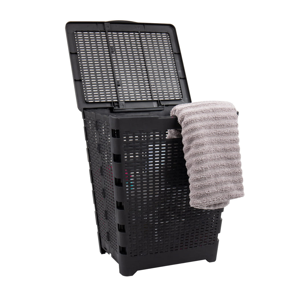 Mind Reader 61L Foldable Laundry Hamper, Clothes Basket, Lid, Wicker Design, Plastic, 18''L x 14.5''W x 21.25''H, Black
