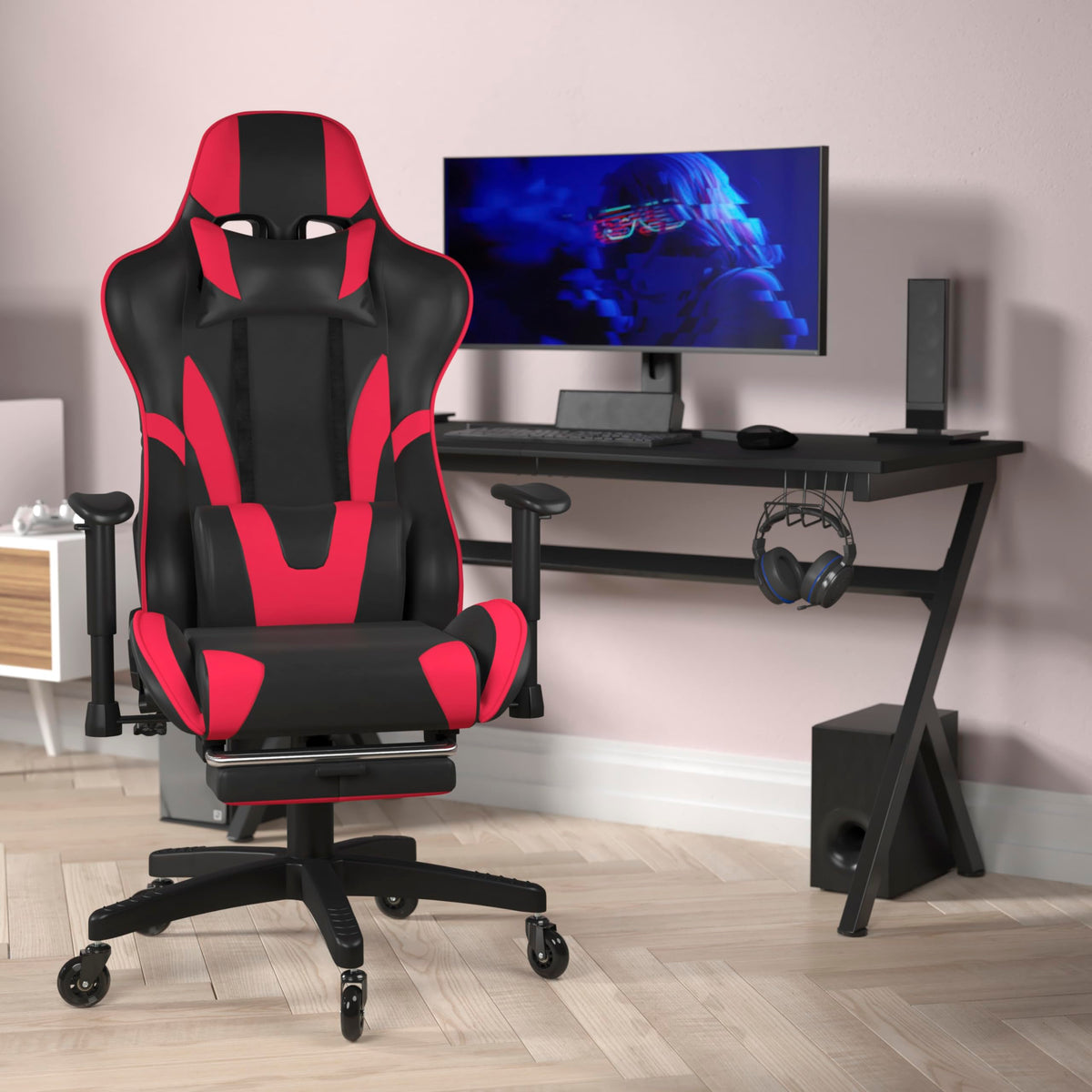 Flash Furniture X30 Gaming Chair Racing Computer Chair - Red Leathersoft Upholstery - Reclining Back - Slide-Out Footrest - Roller Wheels