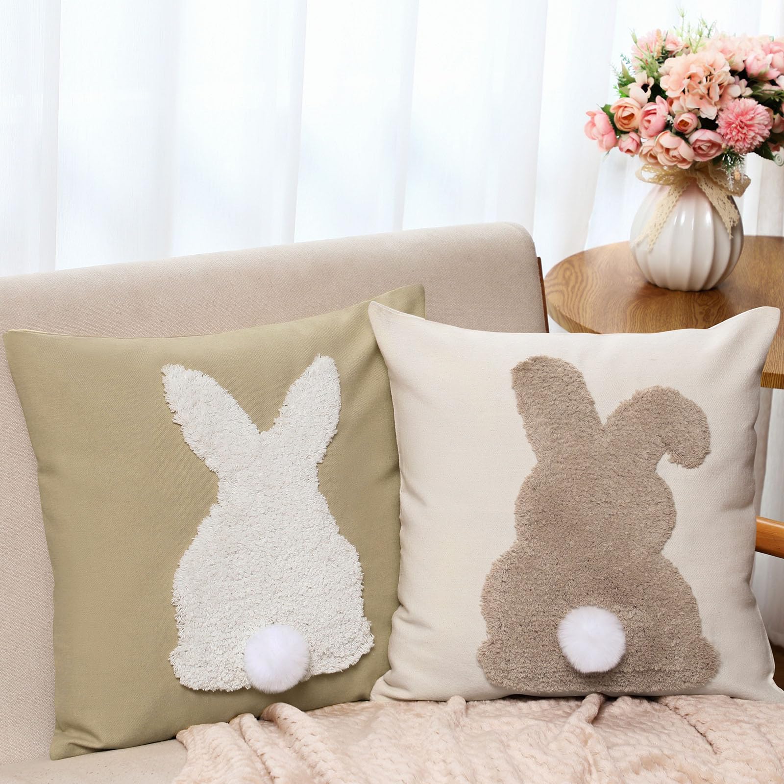 CroBlissful Tufting Easter Pillow Covers 18 x 18 Set of 2 Bunny Pillow Covers 3D Tufted Bunny Rabbit Throw Pillowcase Easter Dec