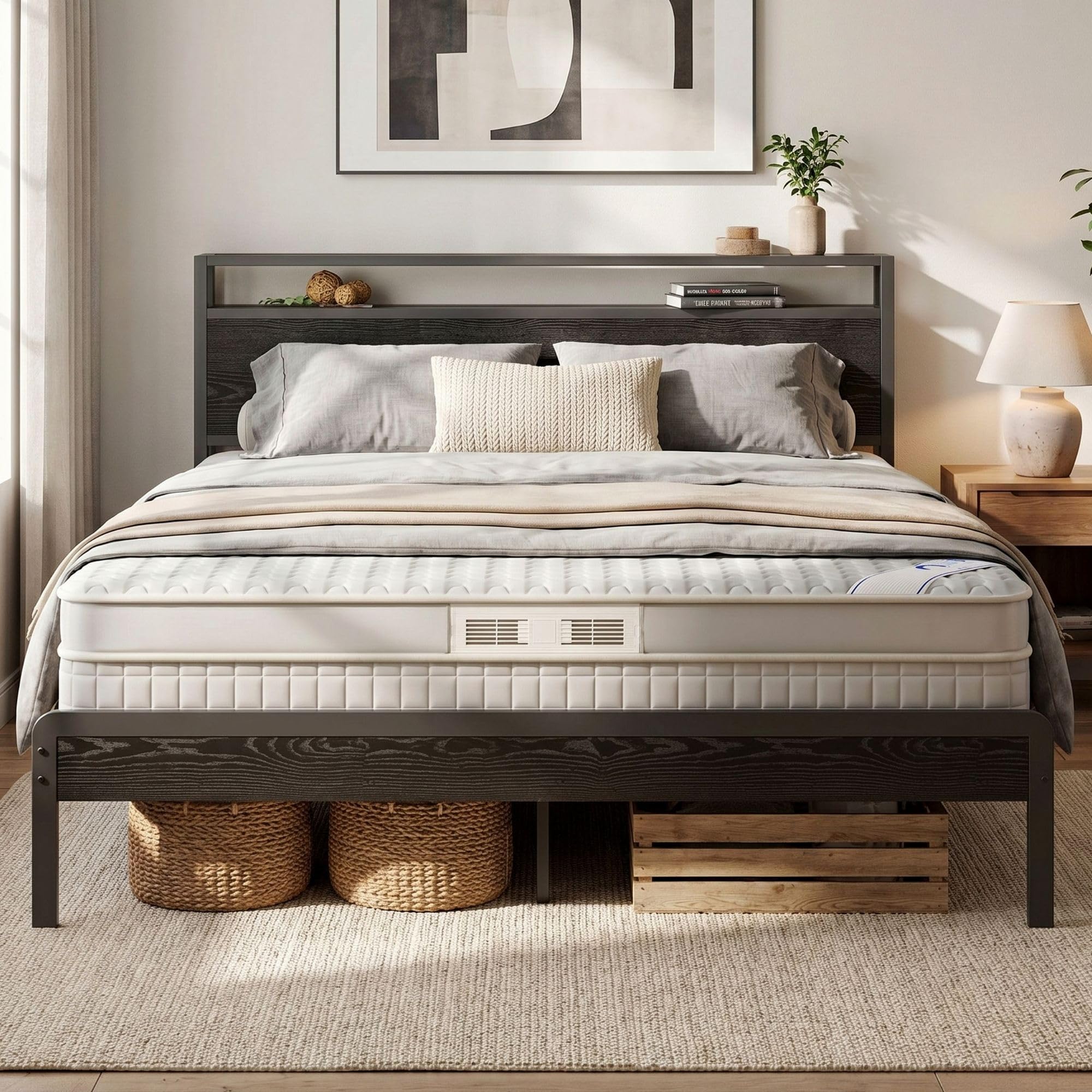 LIKIMIO Queen Bed Frame with Headboard, Dark Wood Camas Queen with Strong Supports, Sturdy, Noise-Free, No Box Spring Needed, Bl