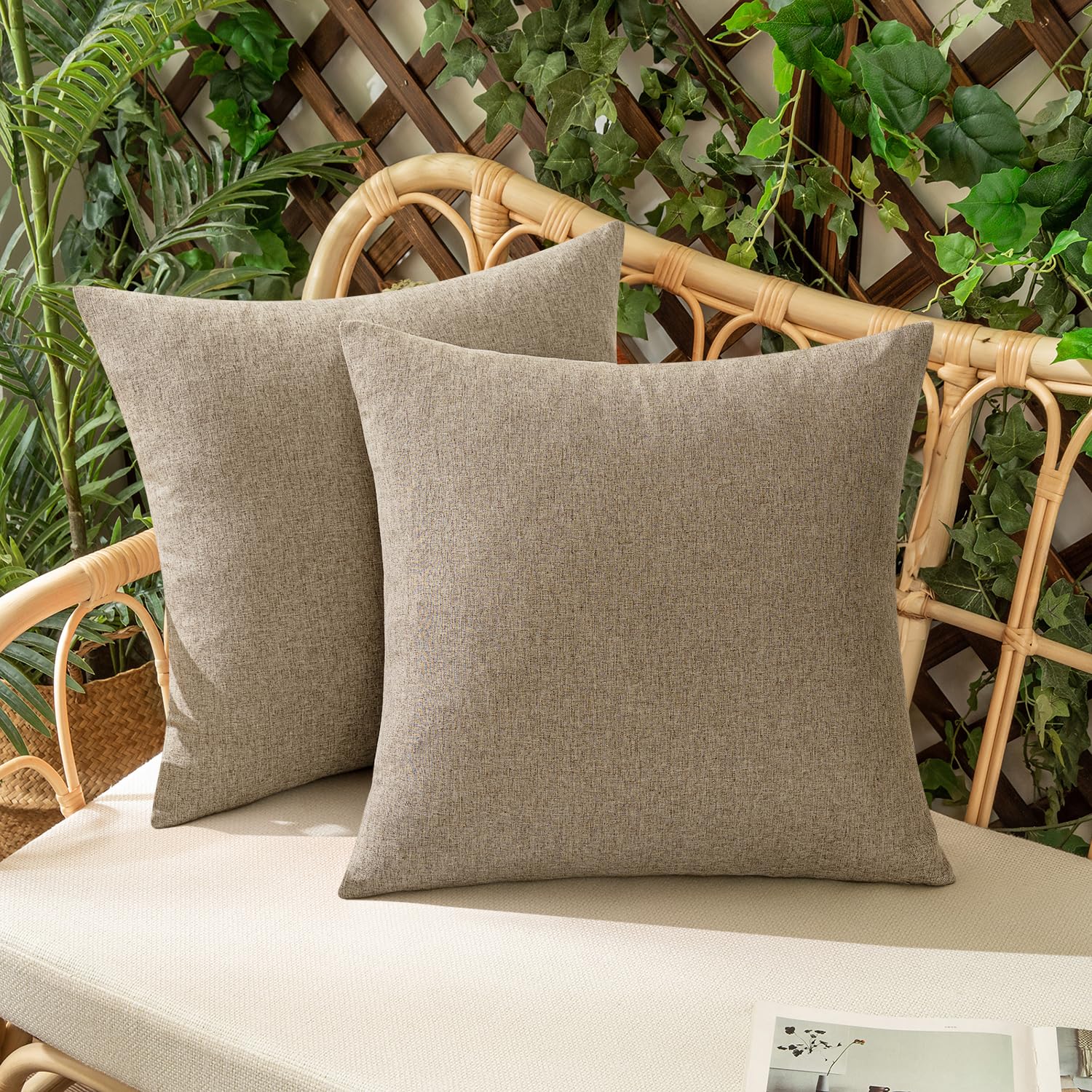 Woaboy Set of 2 Taupe Grey Outdoor Waterproof Throw Pillow Covers Decorative Farmhouse Linen Pillowcases Solid Cushion Cases for