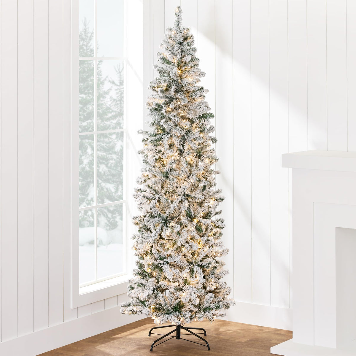 Best Choice Products Flocked Pencil Christmas Tree, Pre-Lit Slim Artificial Holiday Decoration, 7.5ft Lighted Skinny w/Base, War