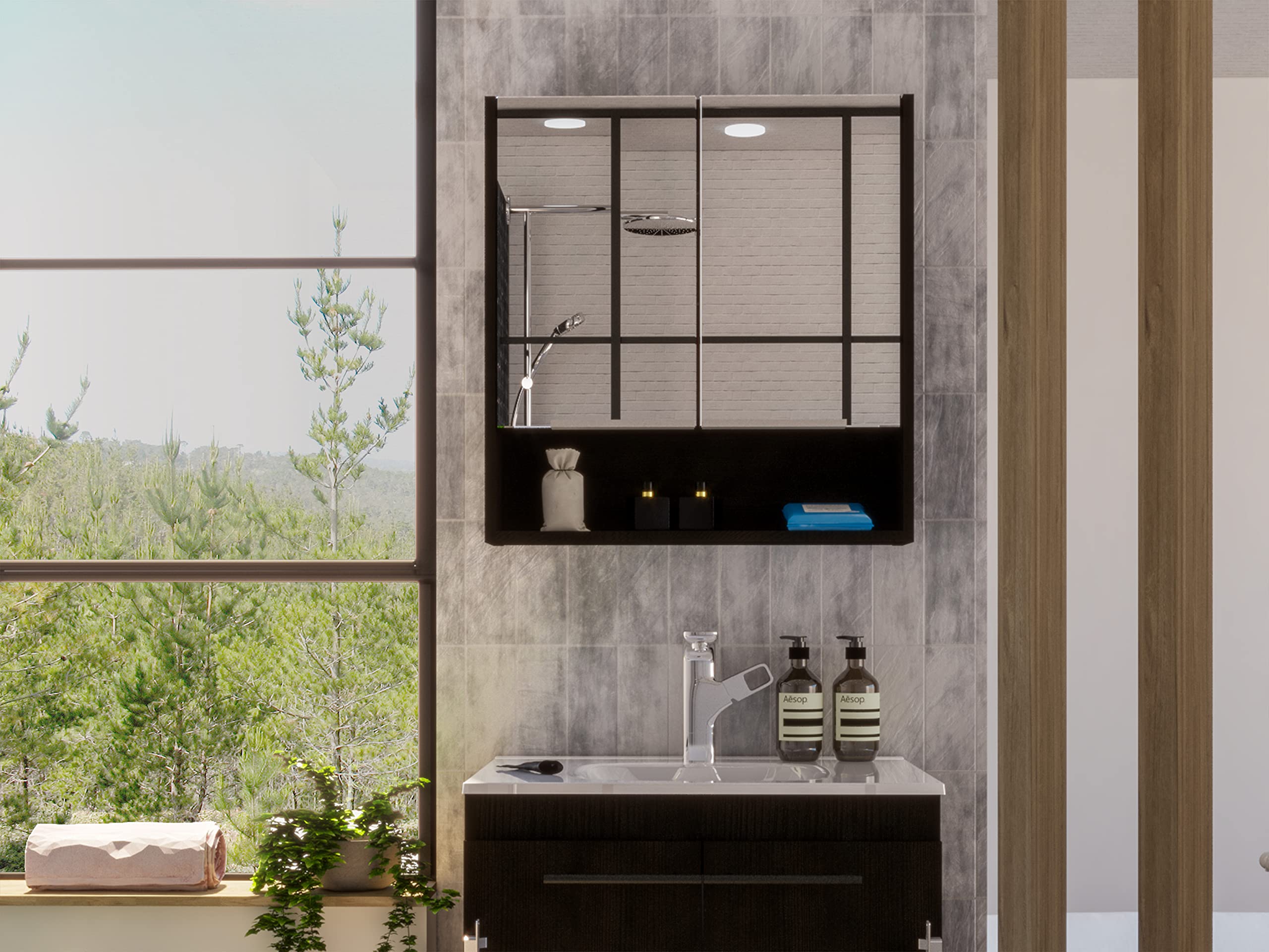 Depot E-Shop Tatacoa Mirror Medicine Cabinet with One Open Shelf and Three Interior Shelves, 24.6" H, Black, Bathroom