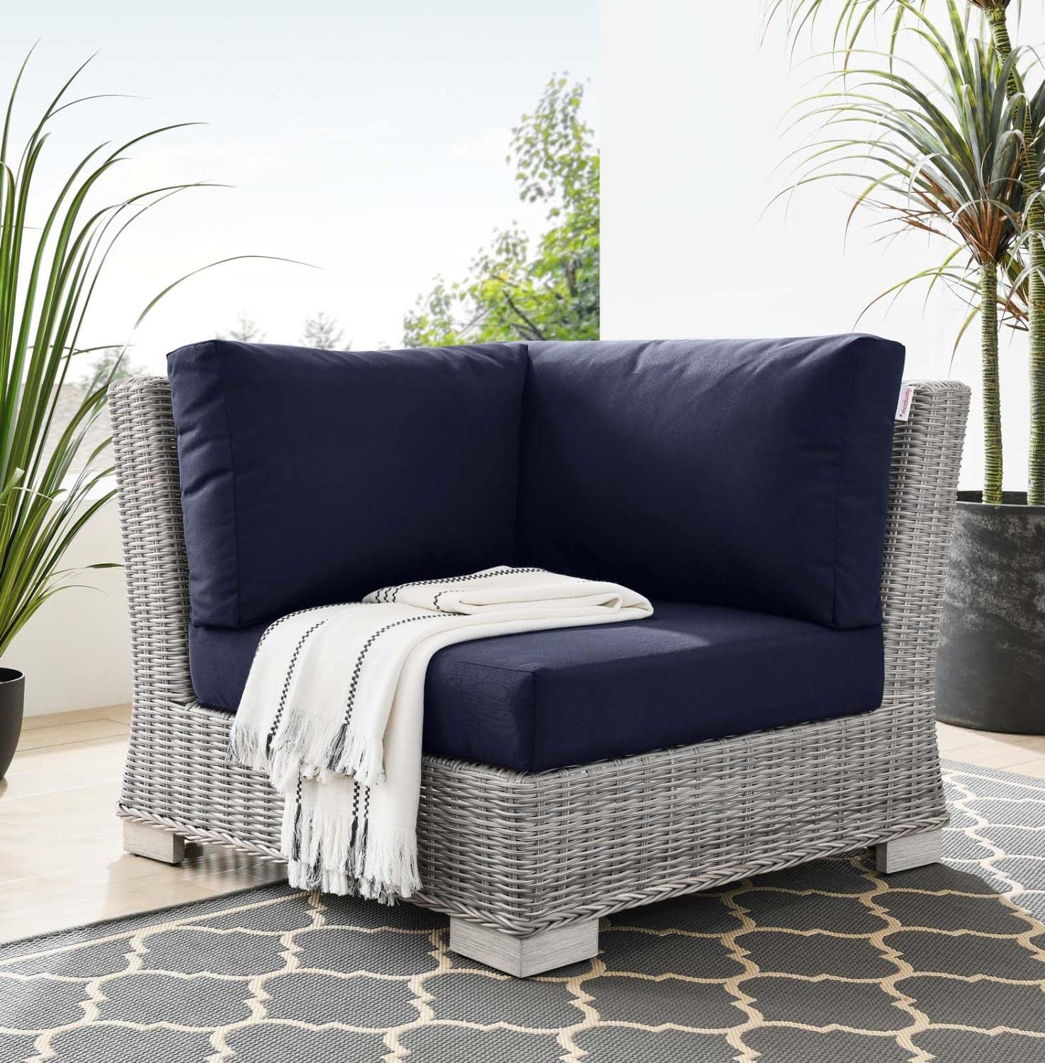 Modway Conway Outdoor Patio Wicker Rattan, Corner Chair, Light Gray Navy