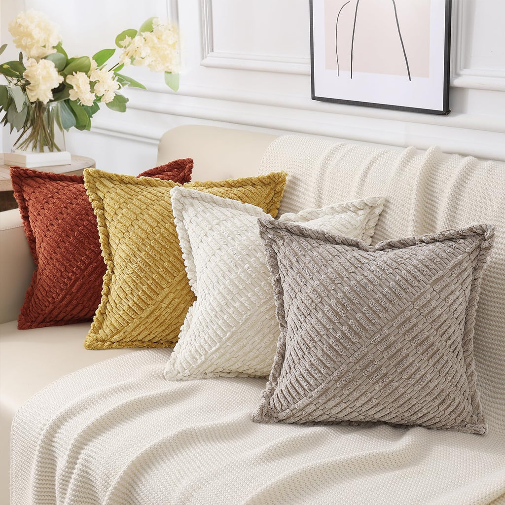 Decoruhome Decorative Mustard Yellow Throw Pillow Covers 24X24 Set Of 2 With Splicing, Boho Soft Corduroy Broadside Twill Pillow