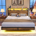 BedsPick Full Size Bed Frame with 2-Tier Storage Headboard, Sturdy Metal Platform Bed Frame with Charging Station & LED Lights, 