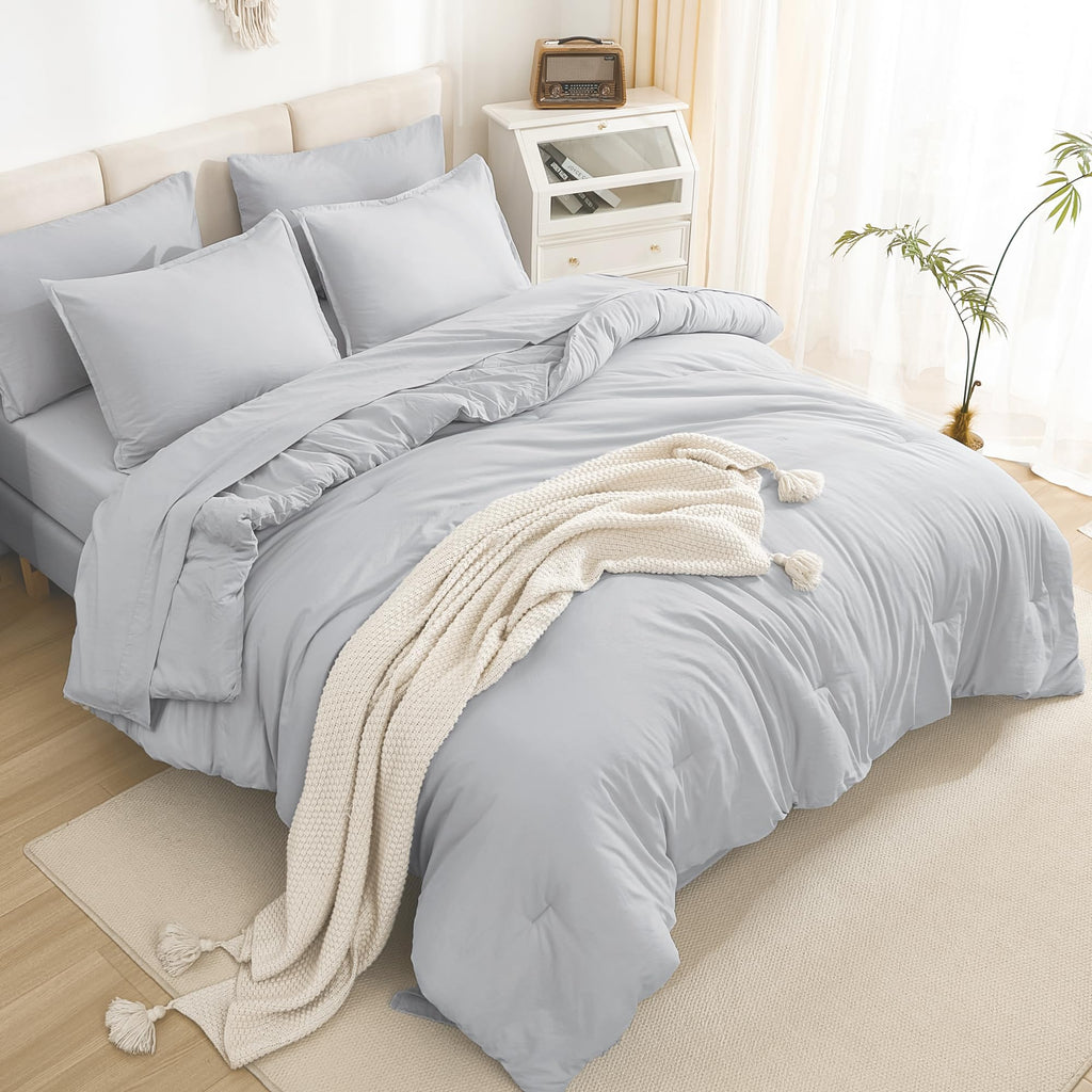 Litanika California King Comforter Set Light Grey - 7 Pieces Bed In A Bag Cal King Beddding Comforter Sets, Plain Lightweight Be