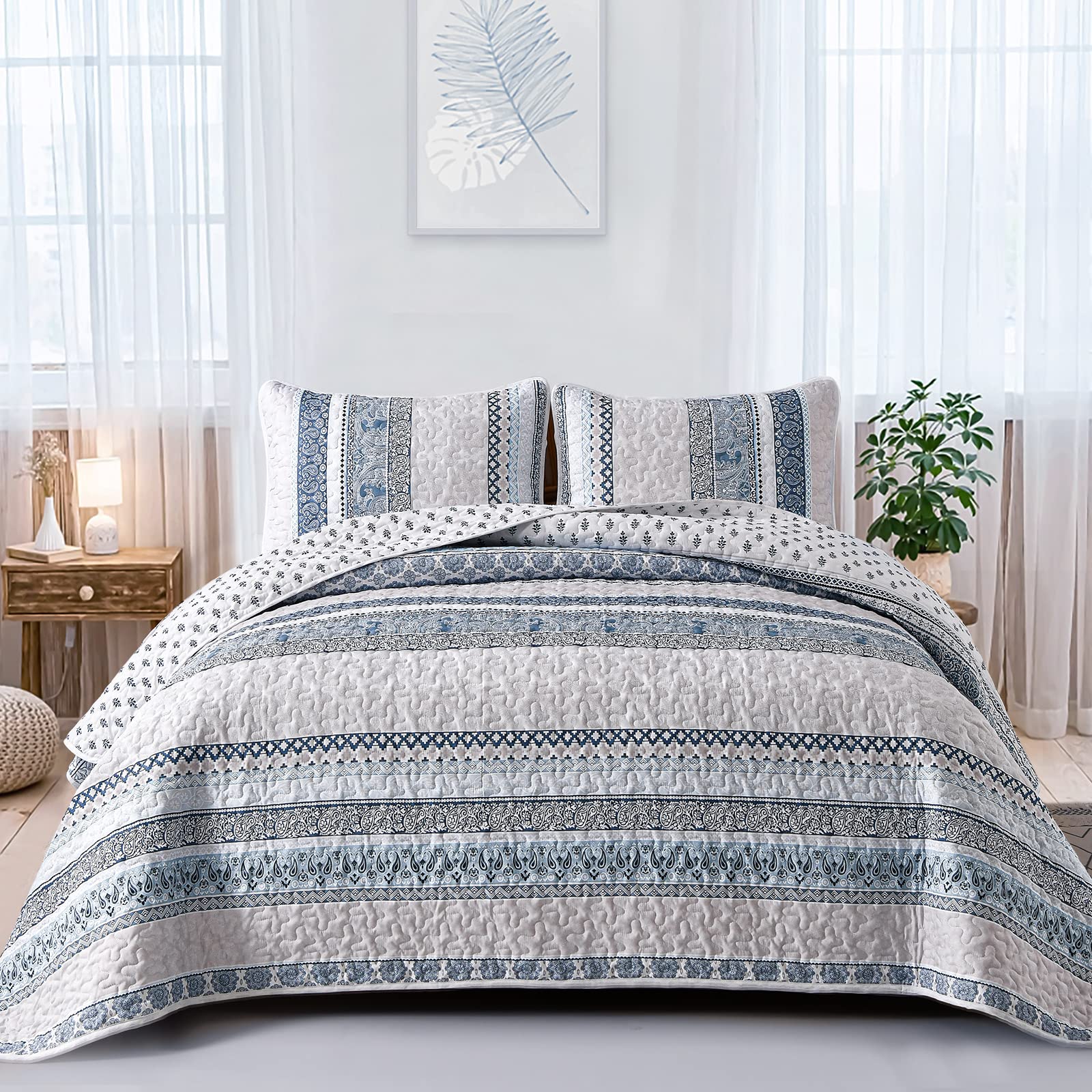 Wongs Bedding Boho Quilt Set King Size, Light Blue Bohemian 3 Pieces Quilt Sets, Lightweight Summer Bedspread Coverlet Bedding S