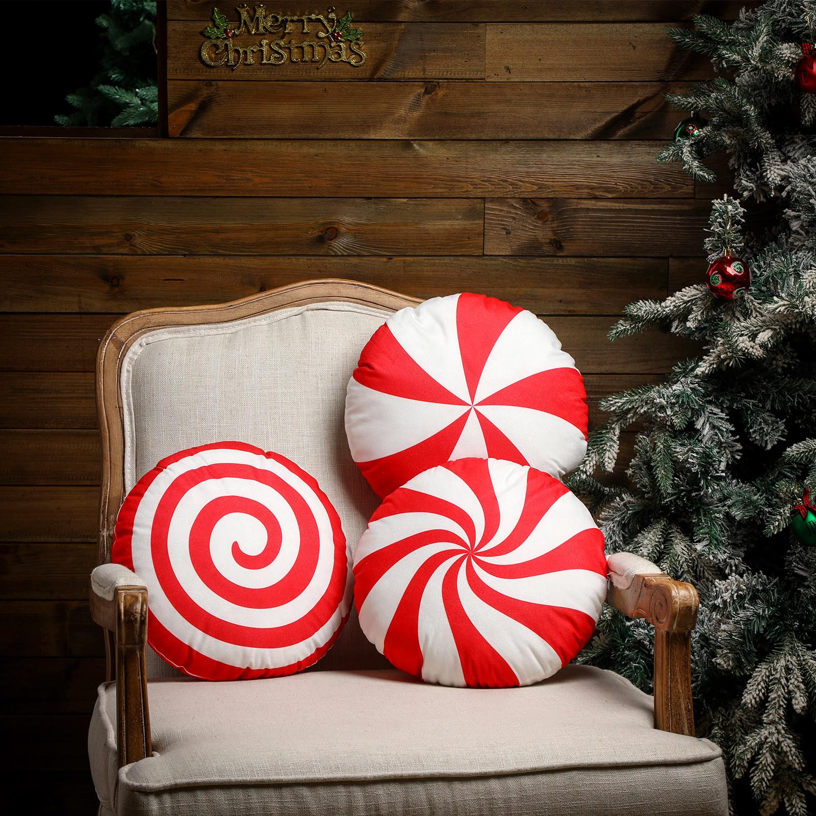 Kigley 3 Pcs Christmas Candy Cane Throw Pillow Red White Peppermint Round Spiral Lollipop Pillow Xmas Home Gift Set for Bedroom 