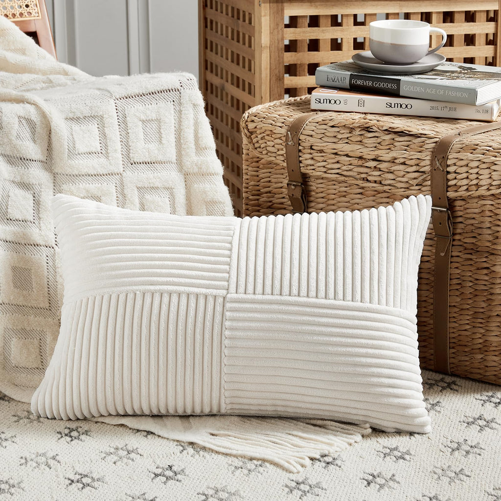 Fancy Homi Cream White Lumbar Decorative Throw Pillow Covers 12X20 Inch For Living Room Couch Bed Sofa, Rustic Farmhouse Boho Ho