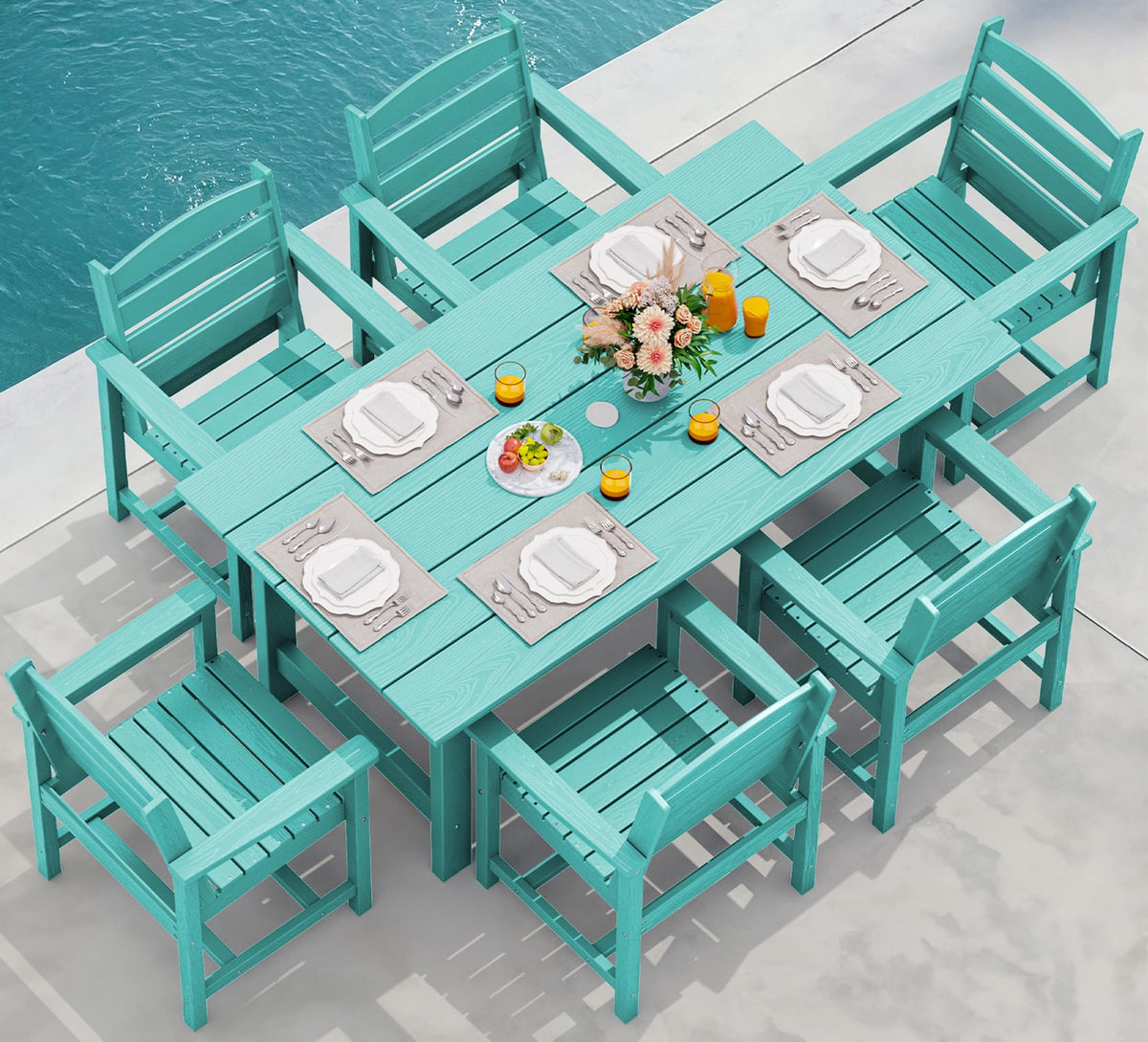 SERWALL 7-Piece Patio Outdoor Table & Chairs, HDPE Dining Set with Umbrella Hole & All-Weather Design for Lawn, Backyard, Poolsi