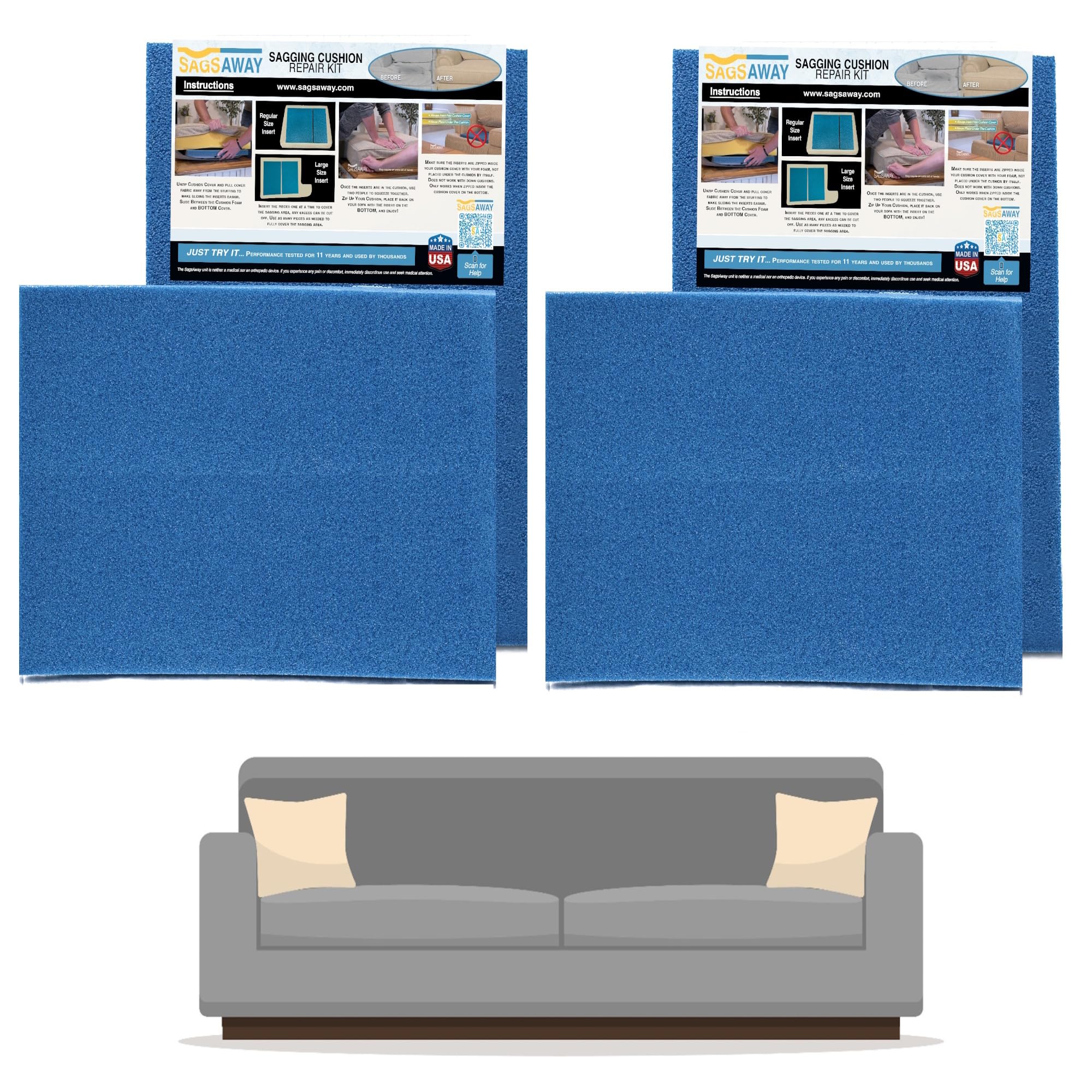 SagsAway 2Pk of Large 1.5in Thick Cushion Inserts for Support of 2 Saggy Seats. Military Grade Foam to Add Thickness and Delay R