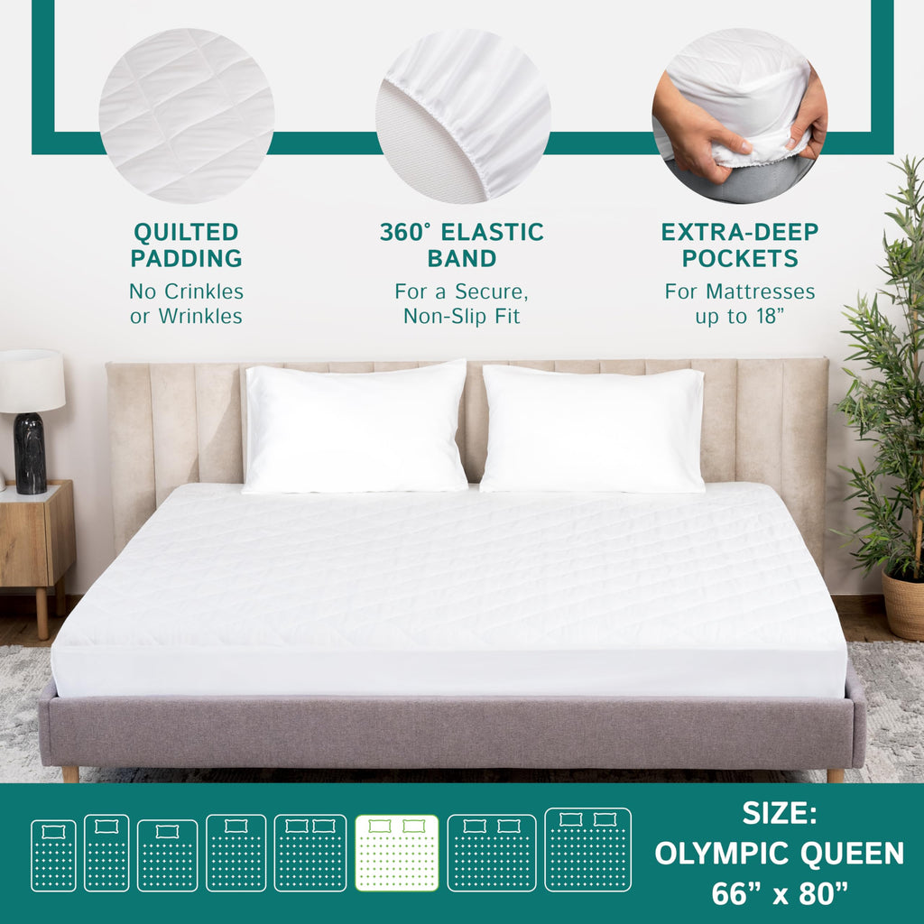 Four Seasons Essentials Olympic Queen Waterproof Mattress Pad Quilted Pillow Top Polyester White 66"x80"