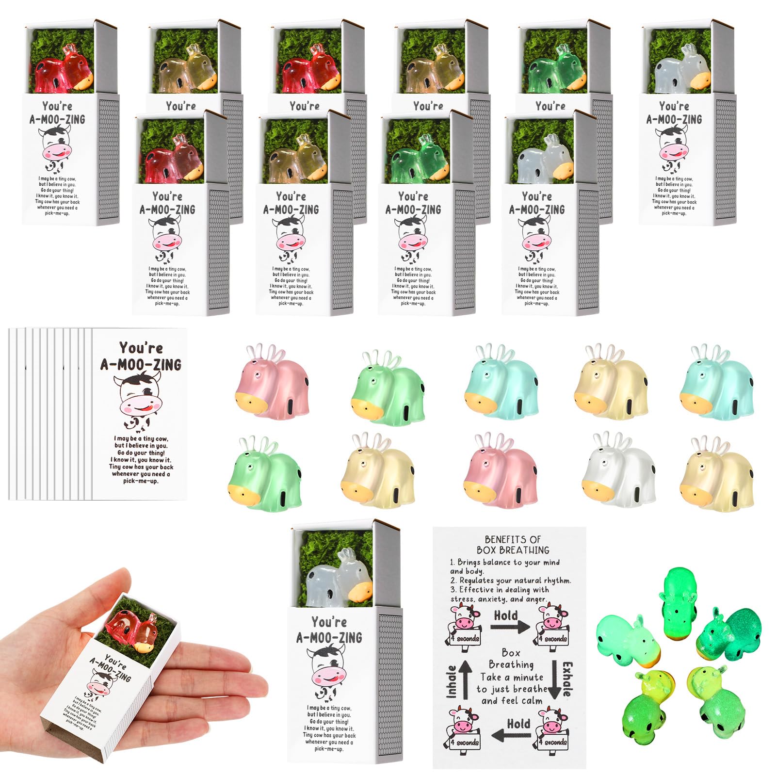 Wonderjune 36 Sets Emotional Coworker Cow Support Employee Appreciation Gifts Bulk Luminous Positive Emotion Pocket Hug Cow with
