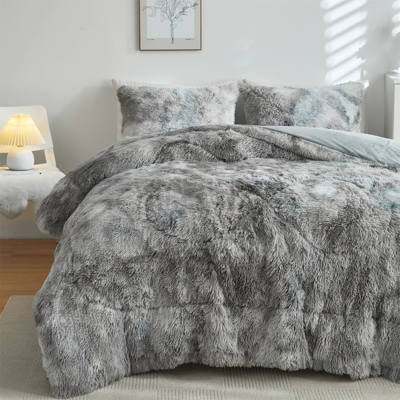 Wajade Faux Fur Plush Tie Dye Grey White Comforter Set Fluffy Fuzzy Shaggy Bedding Set - 3Pc Full Size Microfiber Soft Warm Quil