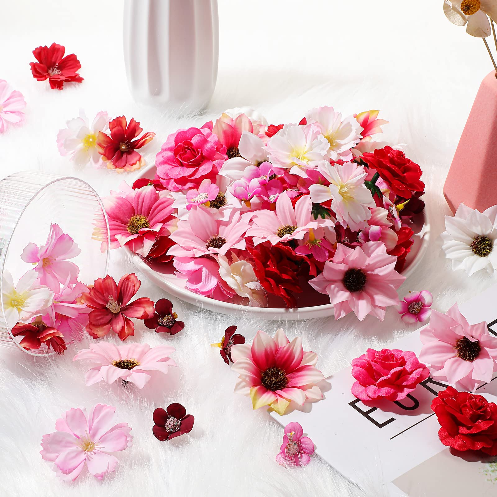 217 Pieces Flower Mini Silk Heads Fake Rose Daisy Faux Flowers For Crafts Rose Flowers Plum Blossom Heads Sunflower Daisy Weddin