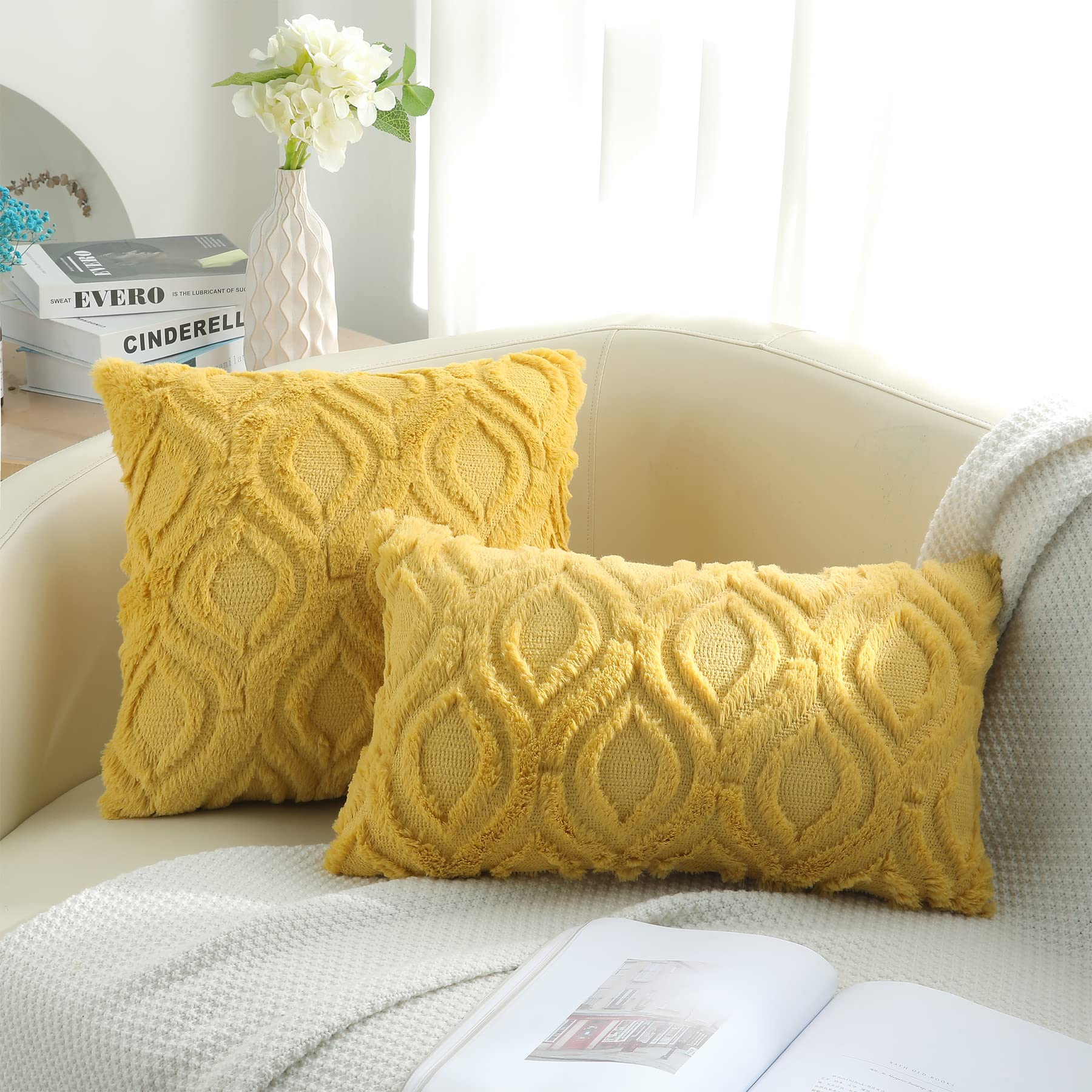 Decoruhome Decorative Throw Pillow Covers 26X26, Soft Plush Faux Wool Couch Pillow Covers For Home, Set Of 2, Mustard Yellow