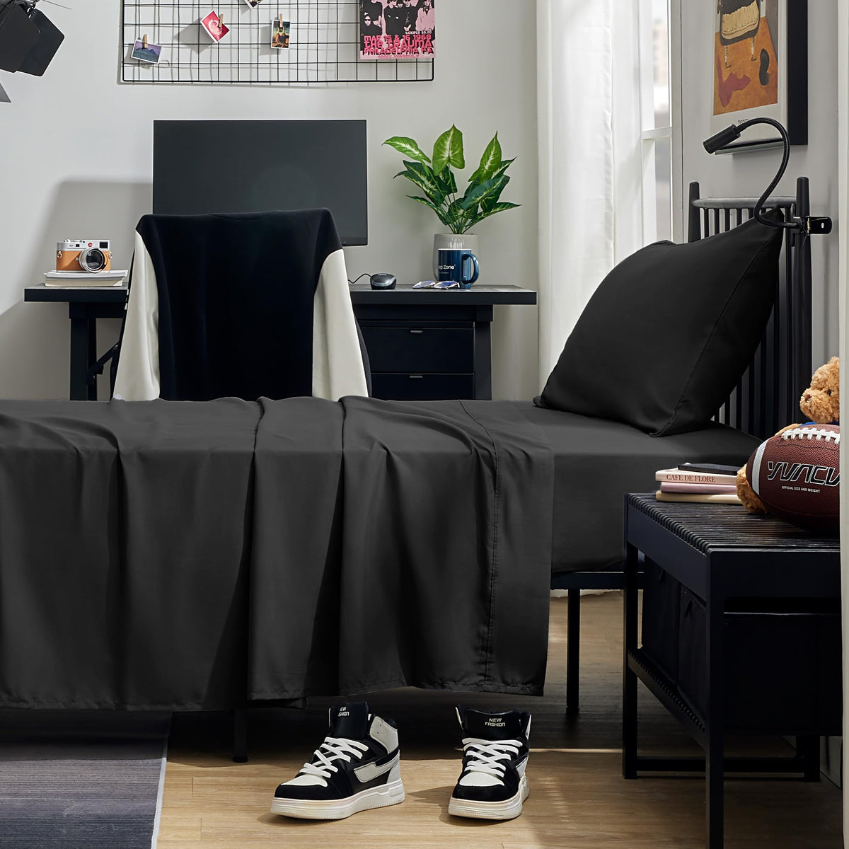 Sleep Zone Nanotex Super Soft Cooling Twin Bed Sheets Set For Kids 3 Piece - Easy Care Fitted Flat Sheet & Pillowcase Sets - Wrinkle Free, Fade Resistant, Deep Pocket 16' (Black, Twin)
