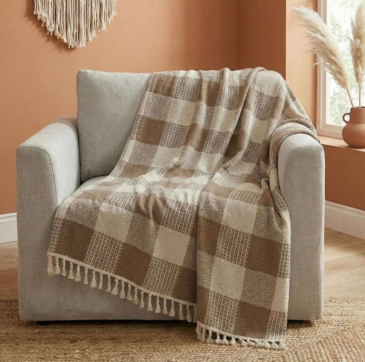 D IMPORTS Solid Check Throw Blanket with Tassels, Pastel and Beige Plaid Colour Pattern, Decorative Sofa Throw (Brown Check)