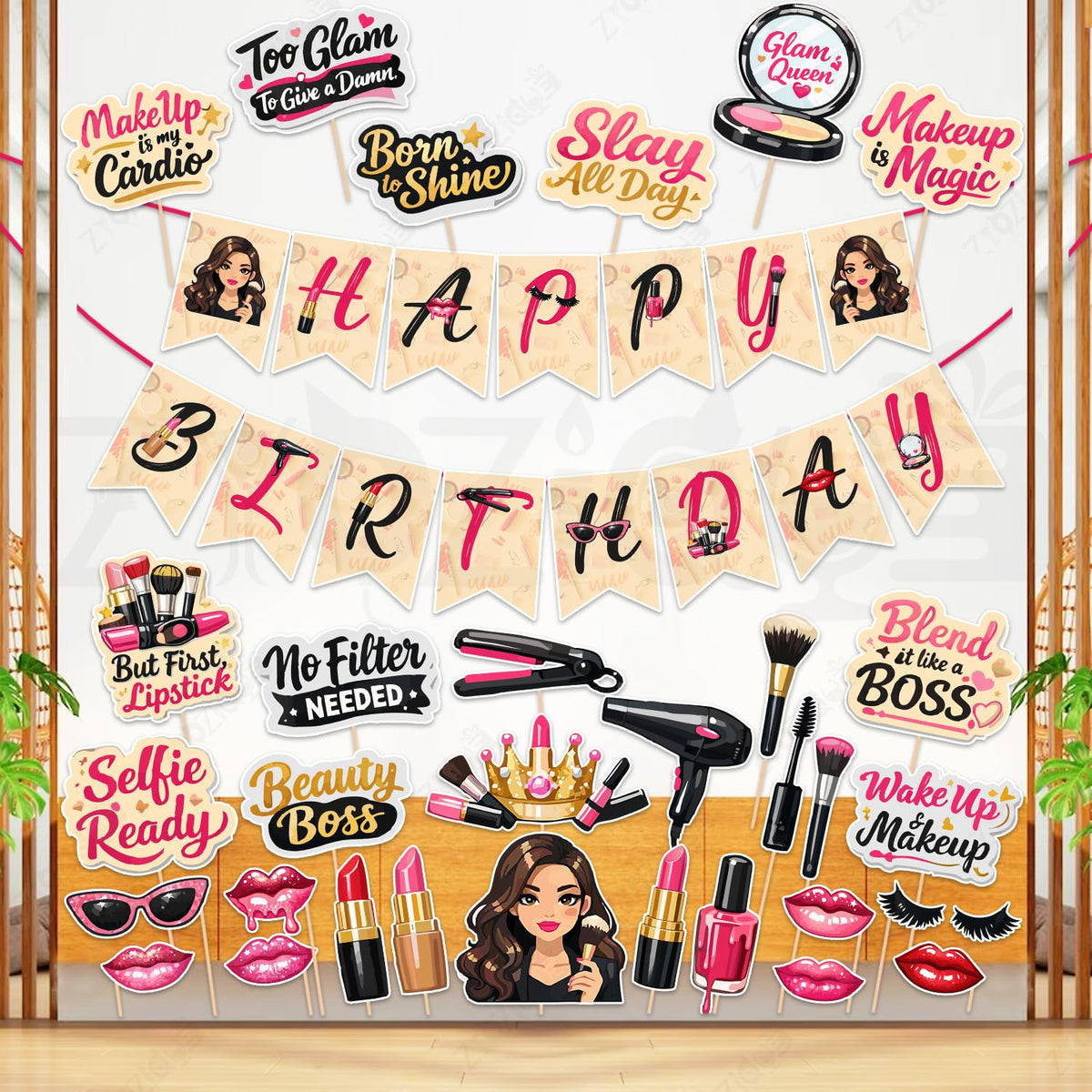 Zyozique Makeup Theme Birthday Party Decoration Combo, Paper Banner With Photo Booth Props, Pink & Blacktheme, Party Decorations