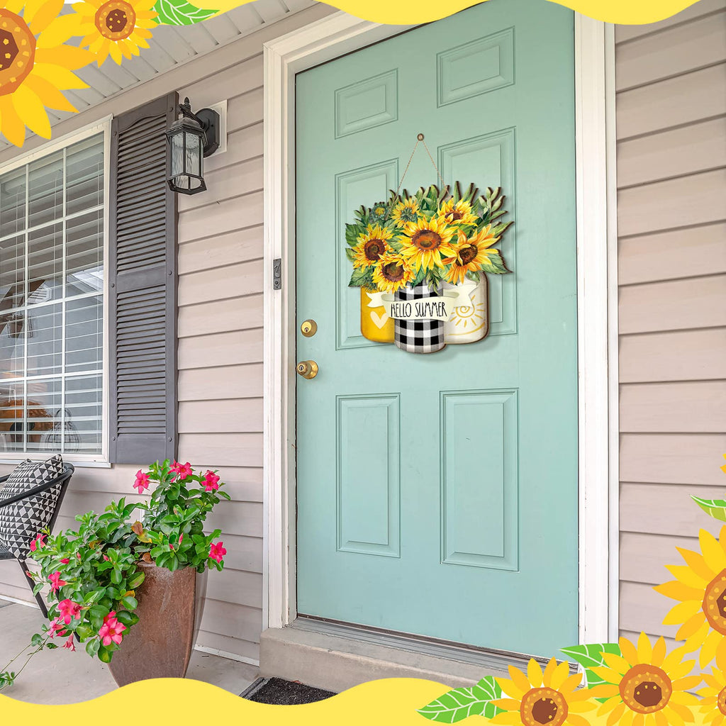 Karenhi Sunflower Hello Summer Sign Welcome Wood Flower Sign Front Door Decor Inspirational Wood Hanging Door Sign Outdoor Woode