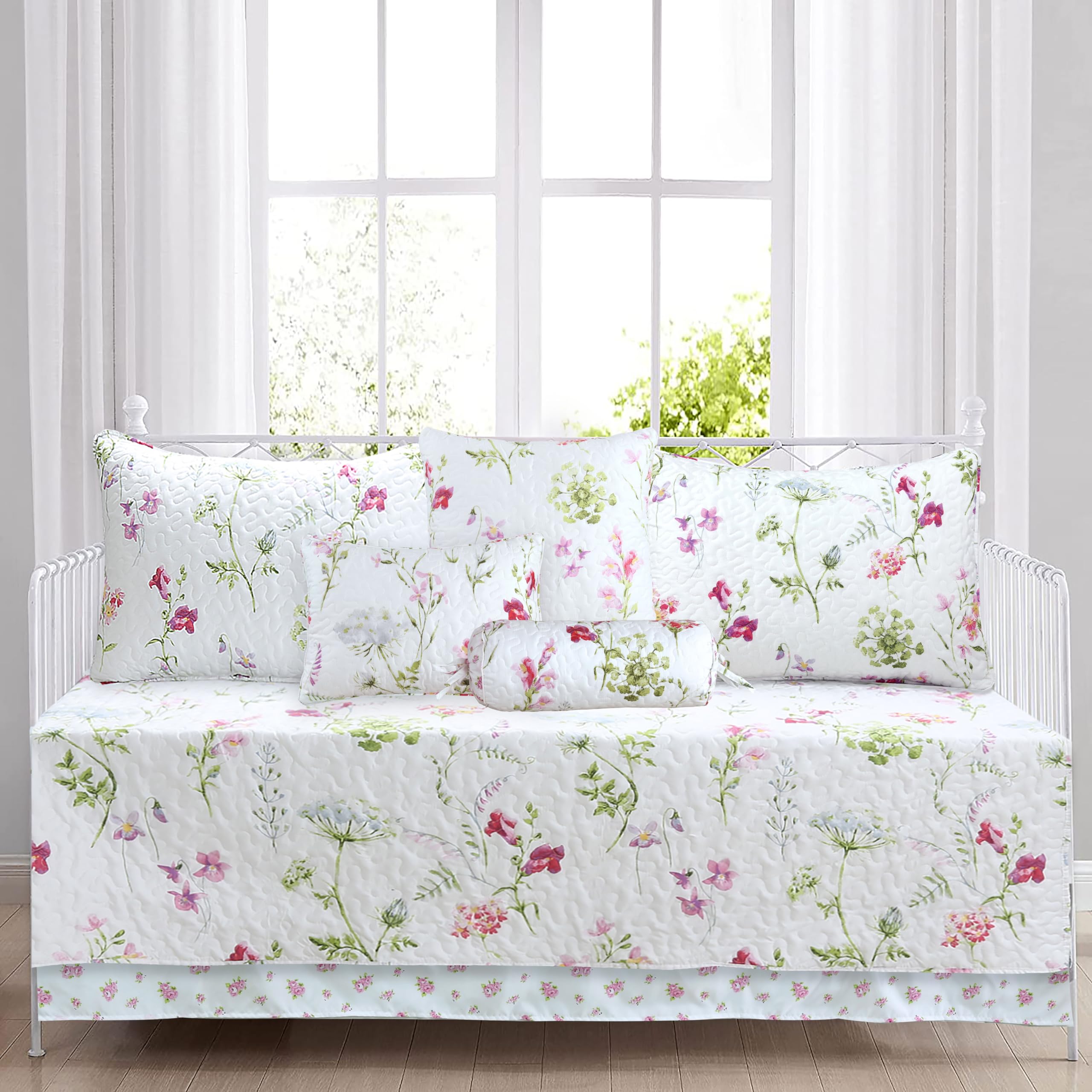 Cozy Line 7 Piece Daybed Cover Set - Carlotta Light Pink Blue Flower Bloom Floral Garden Reversible All Season Luxury Bedding Wi