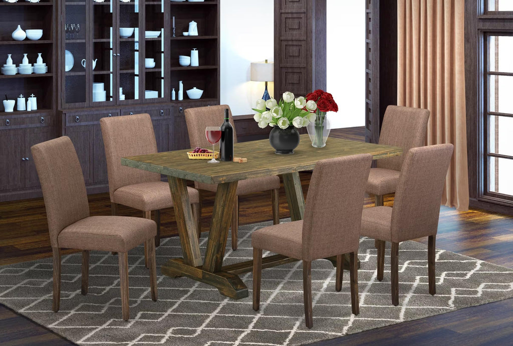 East West Furniture V776Ab747-7 7 Piece Dinette Set Consist Of A Rectangle Dining Room Table With V-Legs And 6 Light Sable Linen Fabric Upholstered Chairs, 36X60 Inch, Multi-Color