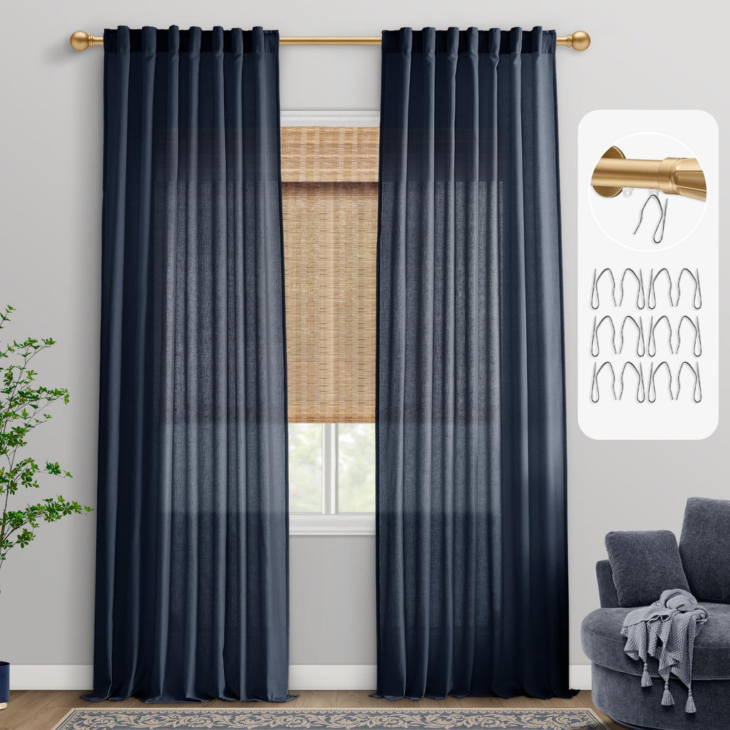 PANELSBURG Navy Blue Curtains 84 Inch Length 2 Panels Set,Back Tab Hooks Belt Boho Farmhouse Light Filtering Semi Sheer Linen Ki