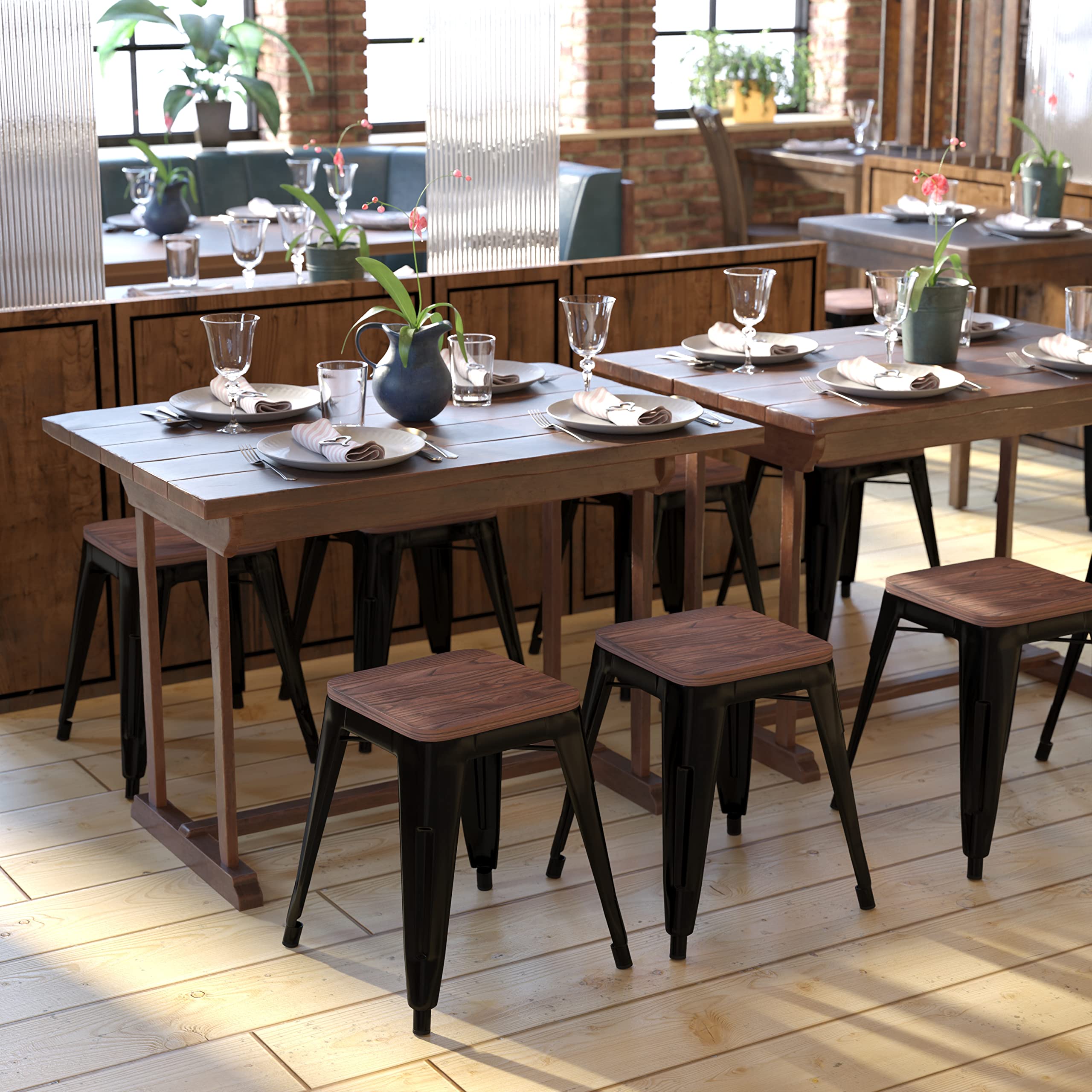 Flash Furniture Metal Dining Table Height Stool with Wooden Seat Set of 4 - Backless Black Kai Commercial Grade Stool - Kai 18" Stackable Dining Chairs