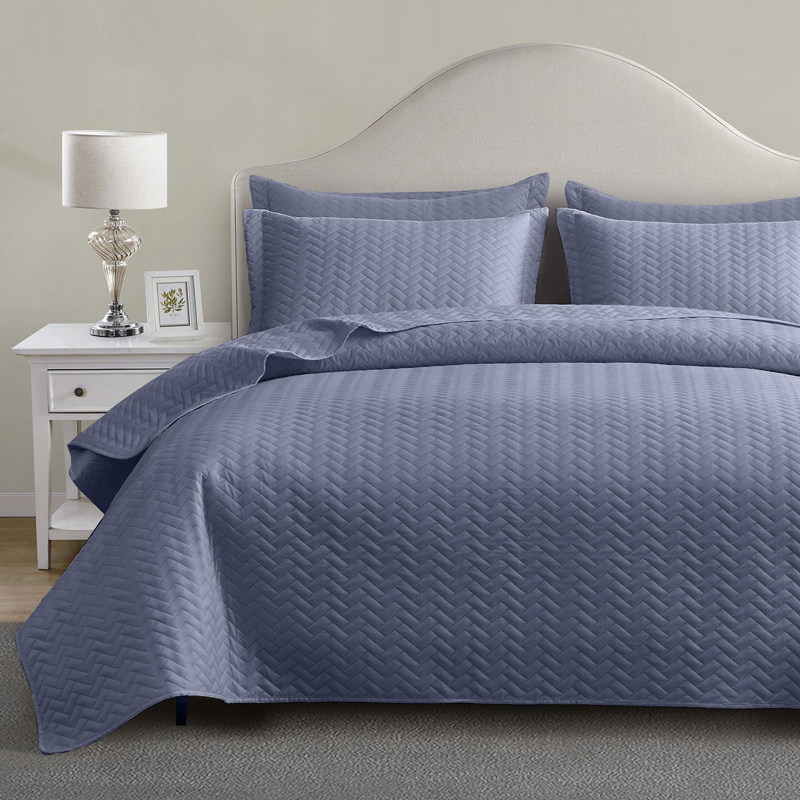 Maple&Stone Quilt Set Oversized King Size, 128''X120'' Lightweight Mineral Blue Bedspread Ultrasonic Chevron Pattern Light Cover