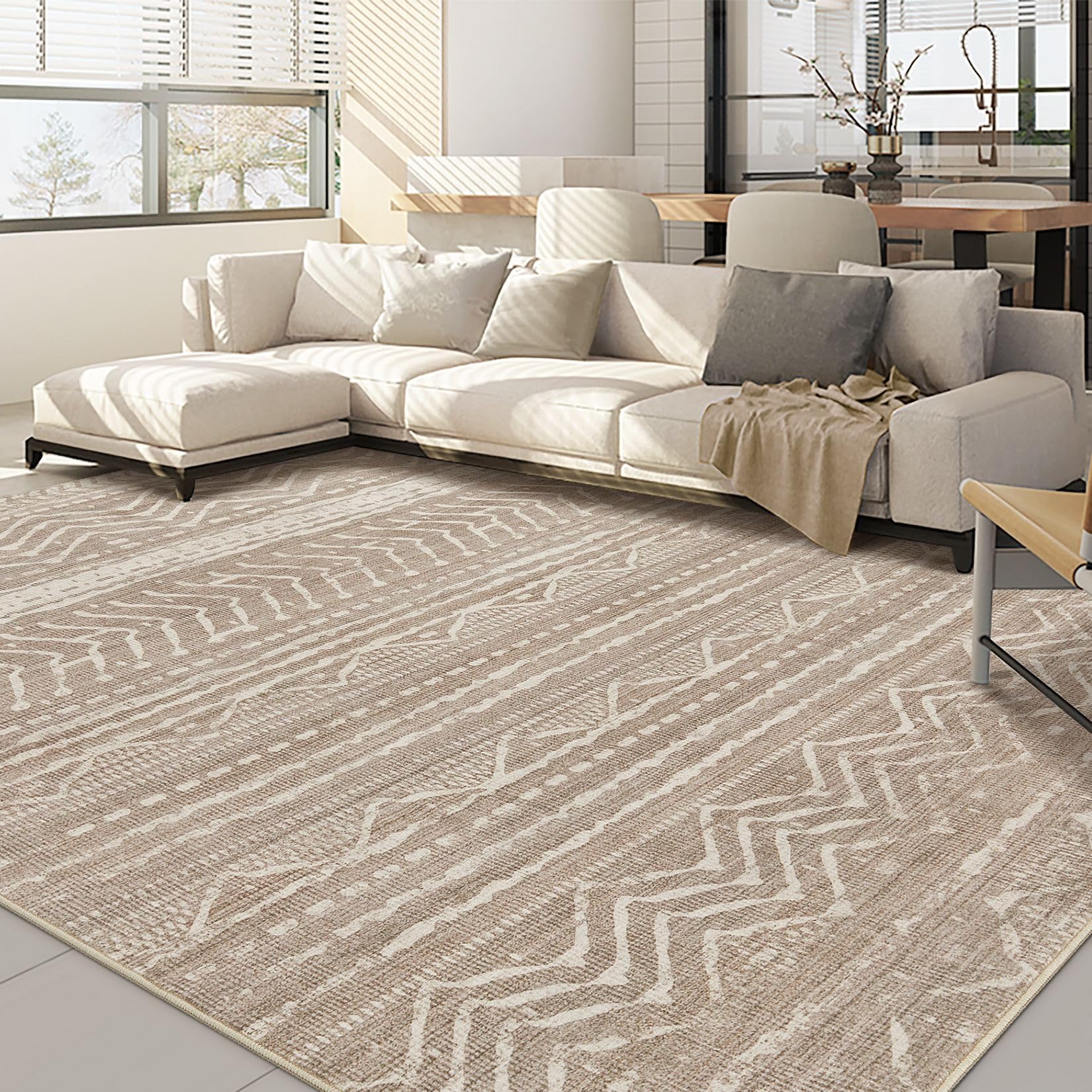 Nakagishi 7x9 Area Rugs Living Room: Washable Boho Large Neutral Soft Farmhouse Rug Stain Resistant Modern Geometric Non-Slip In