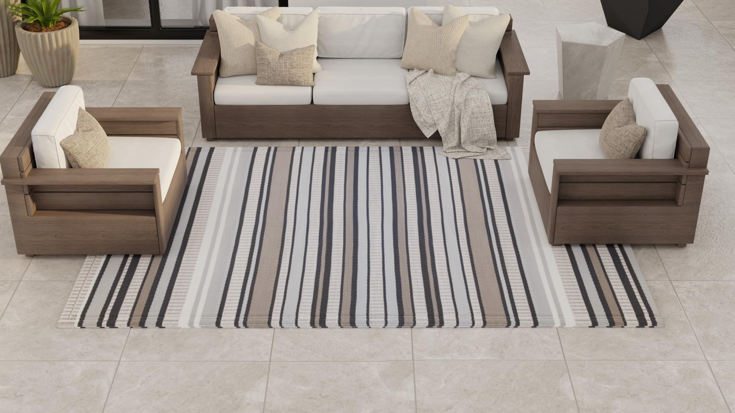 Mad Mats Geometric Outdoor Rug, Reversible Plastic Mat (5' X 8', Stripes - Cool Grey)