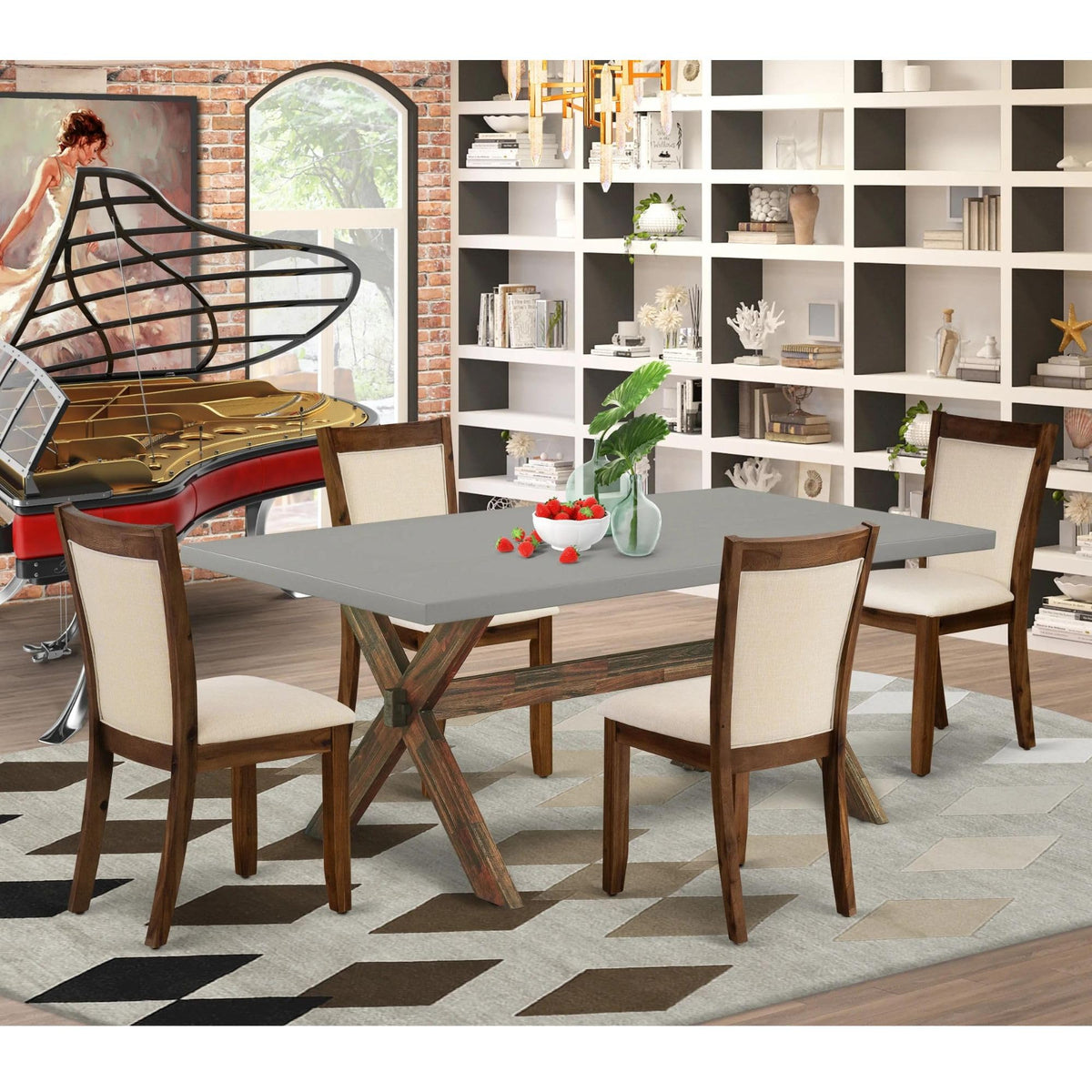 East West Furniture X797Mzn32-5 5 Piece Dining Set Includes A Rectangle Dining Room Table With X-Legs And 4 Light Beige Linen Fabric Upholstered Parson Chairs, 40X72 Inch, Multi-Color