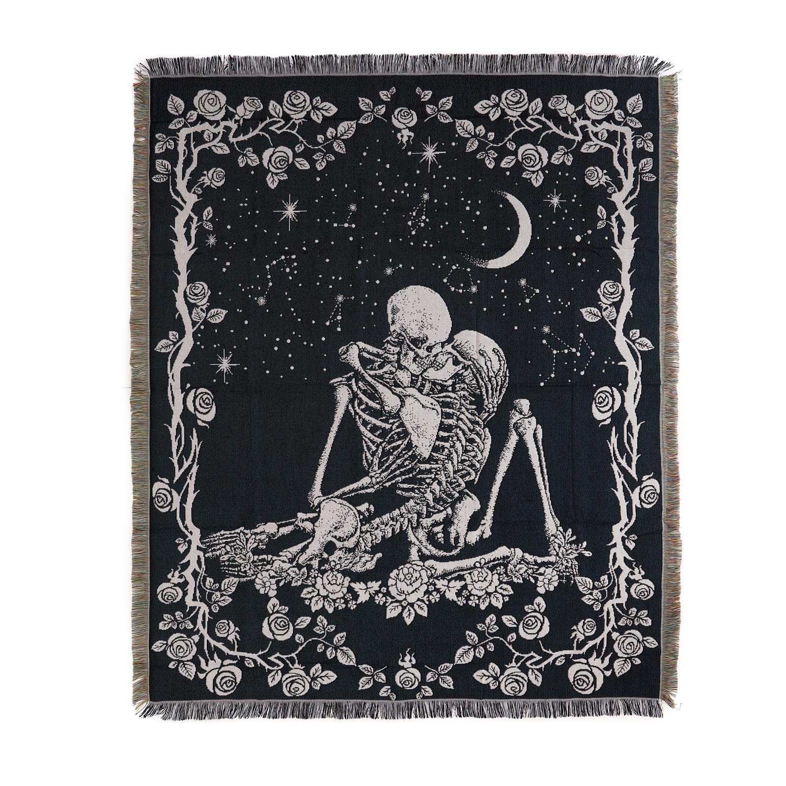Shesyuki Boho Throw Blanket Reversible Cotton Bohemian Tapestry Hippie Room Decor Double Sided (Boho Skeleton Lover Moon Blue 50