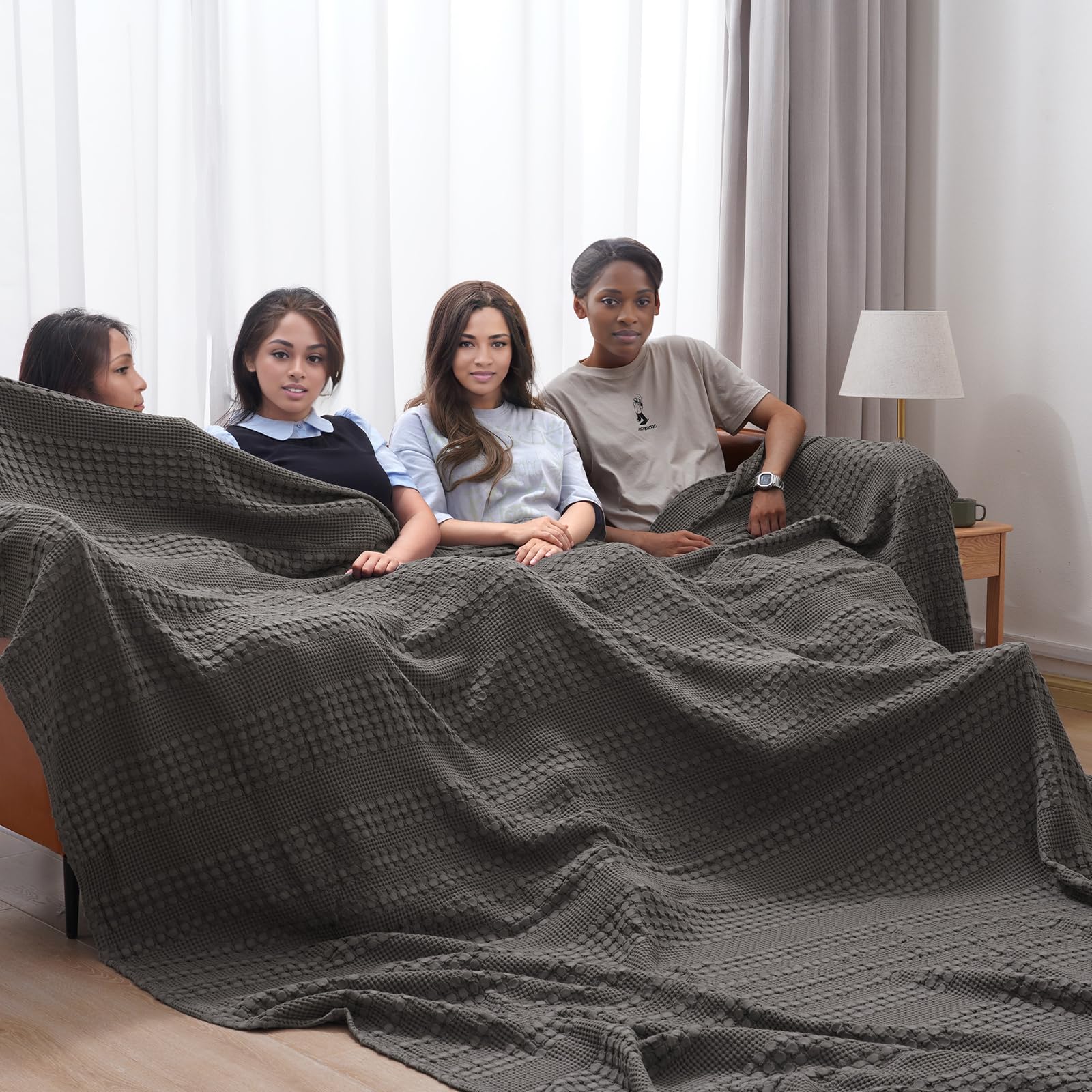 Phf 100% Cotton Waffle Weave Blanket Oversized King 120'X120'- Giant Big Lightweight Blanket 10'X10' For Bed Sofa - Aesthetic