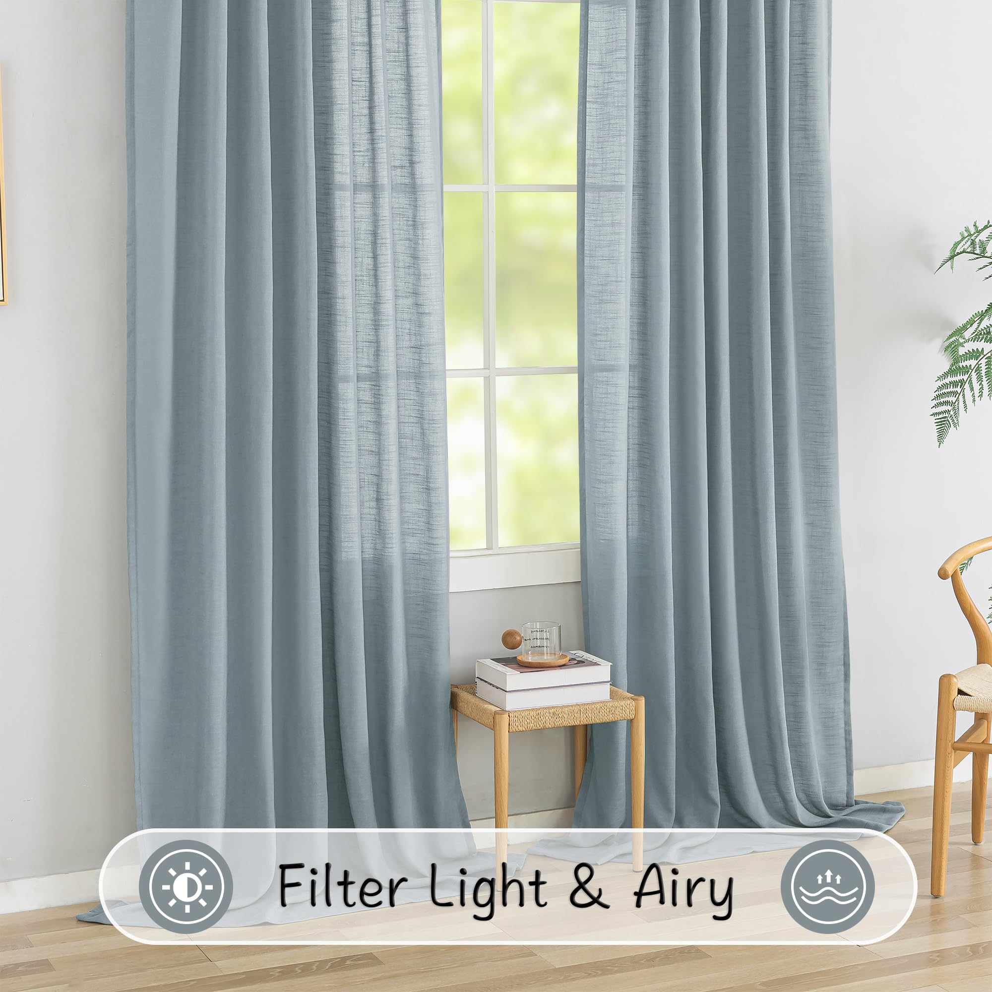 Donren Stone Blue Linen Back Tab Curtains 108 Inches Long Ceiling To Floor For Large Windows - 2 Panels Set Hooks Belt Pinch Pleated Easy Sliding Curtains Semi Privacy Sheer Drapres 52 X 108 Inch